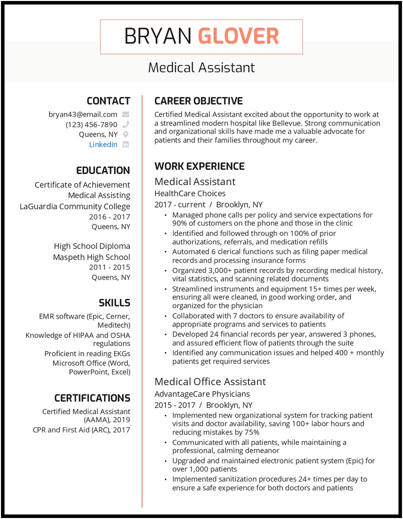 Example For A Resume For Medical Assitance