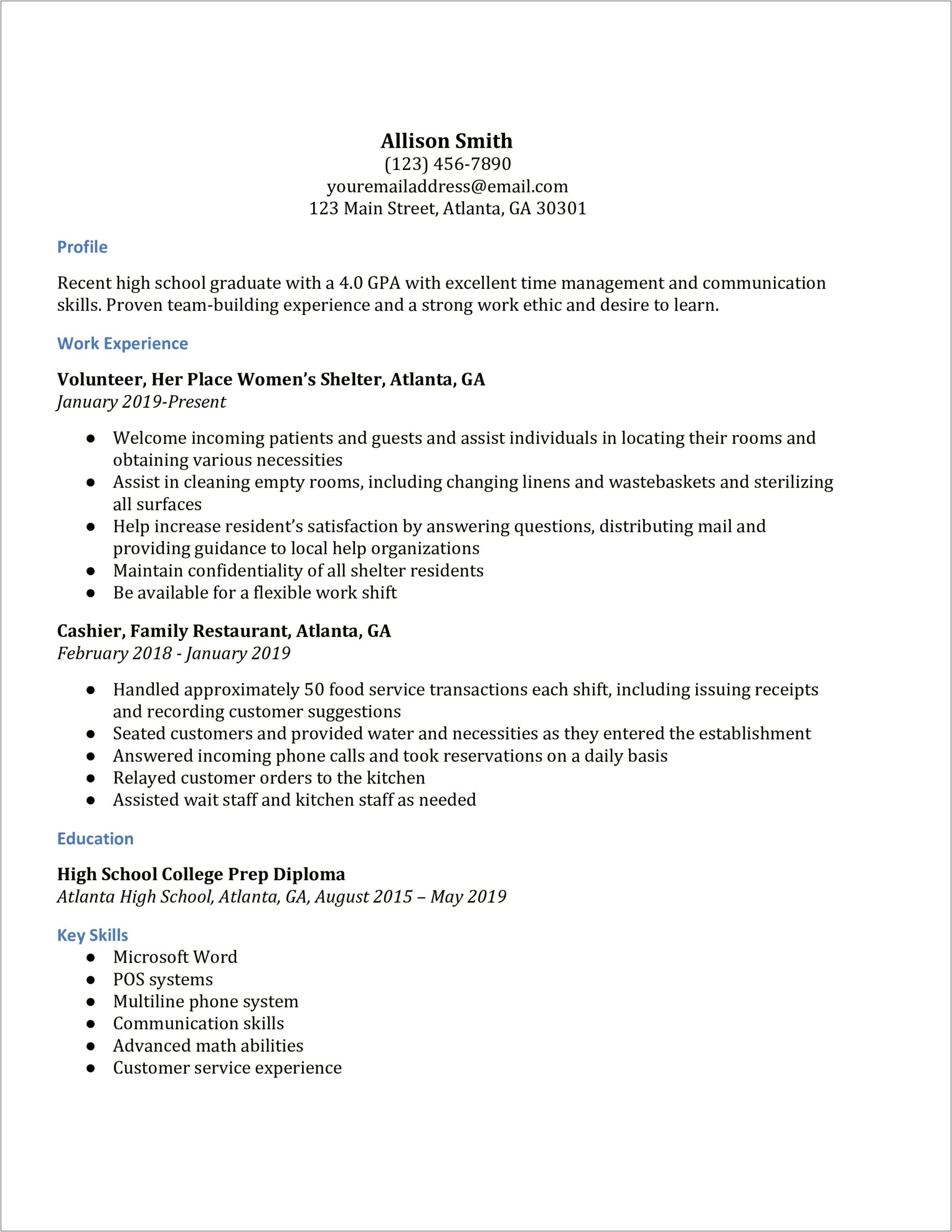 Example For Resume Summary For High School Students