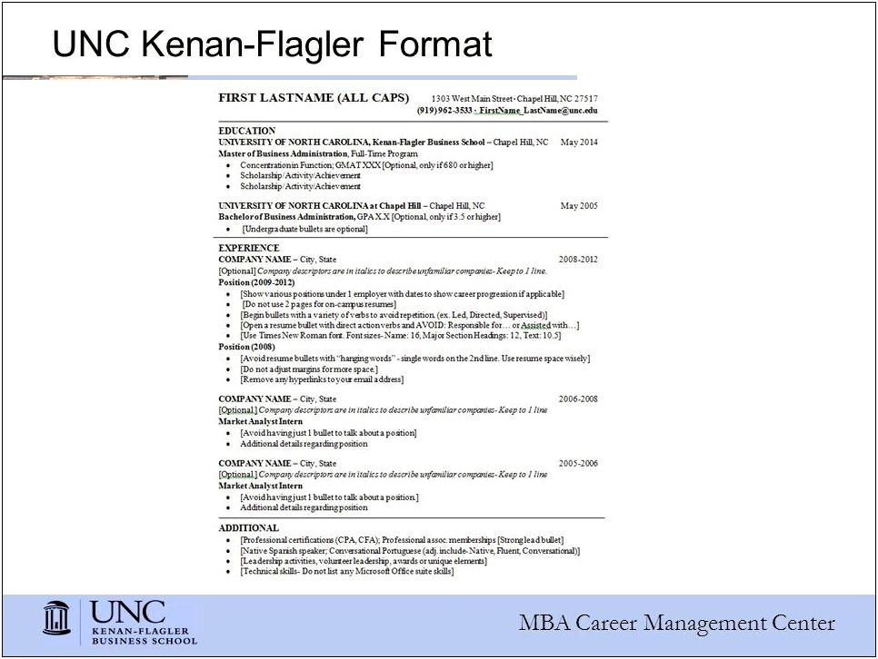 Example Kenan Flagler Business School Resume