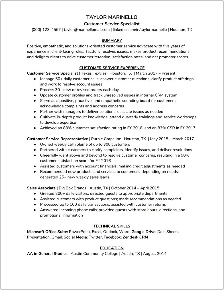 Example Objective In A Resume For Customer Support