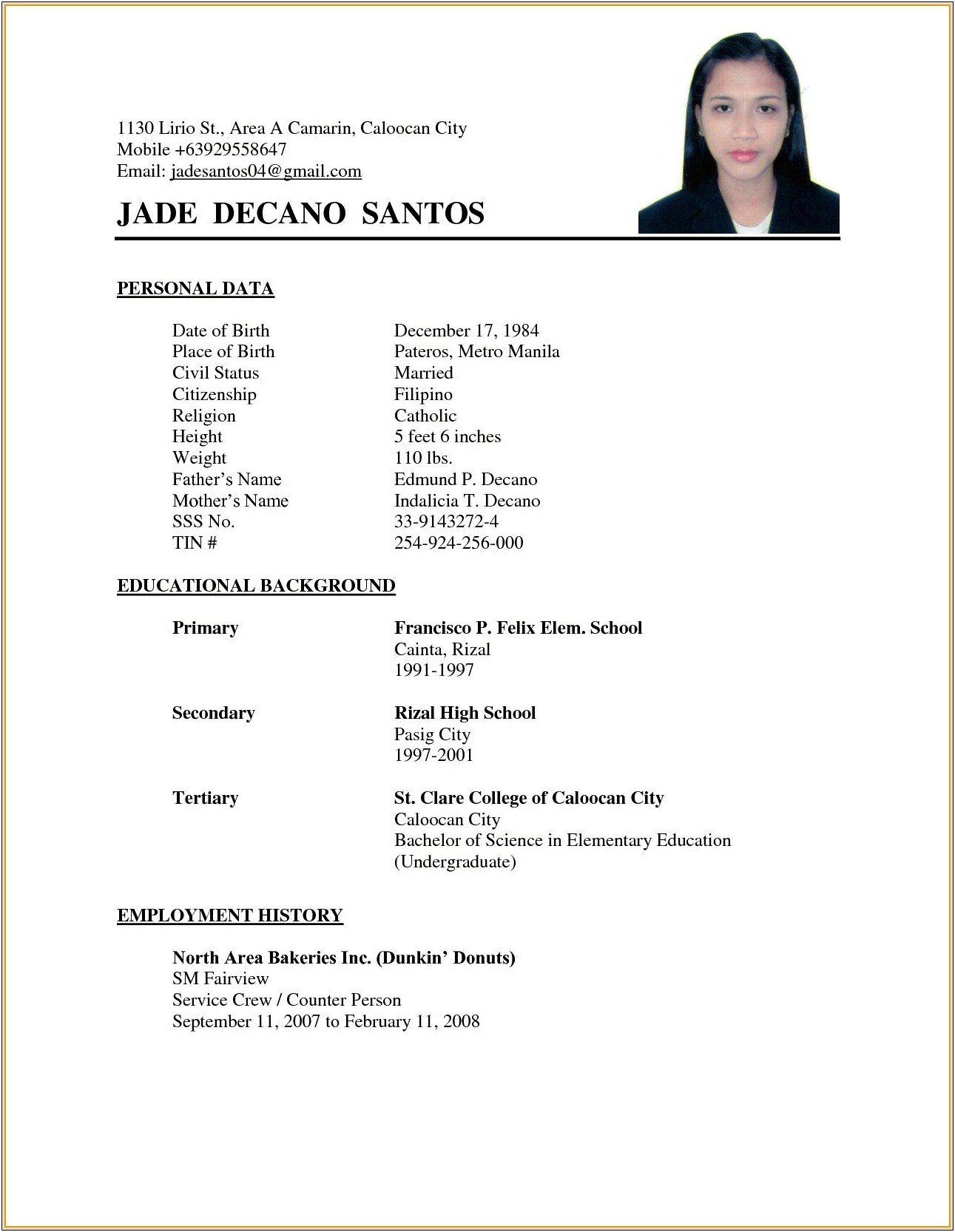 Example Of A Basic Resume Template