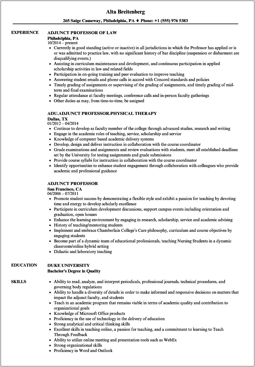 Example Of A College Teacher Resume