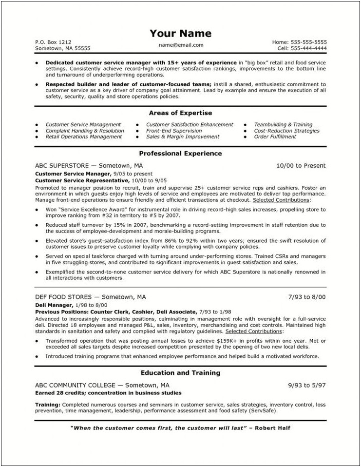 Example Of A Customer Service Manager Resume