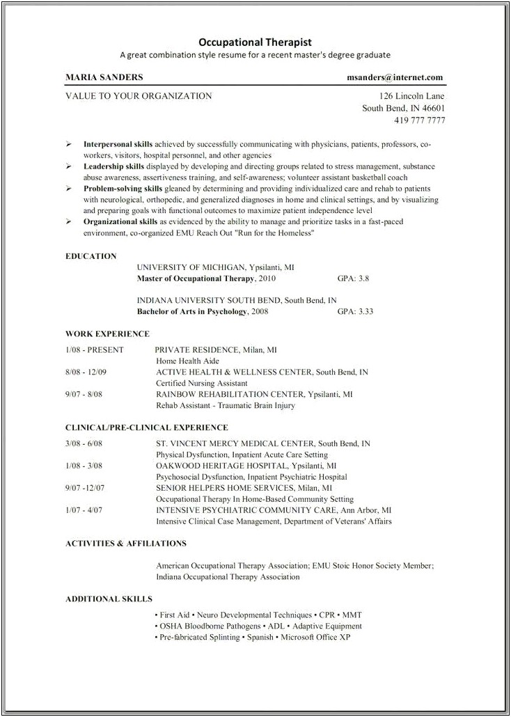 Example Of A New Ota Graduate Resume