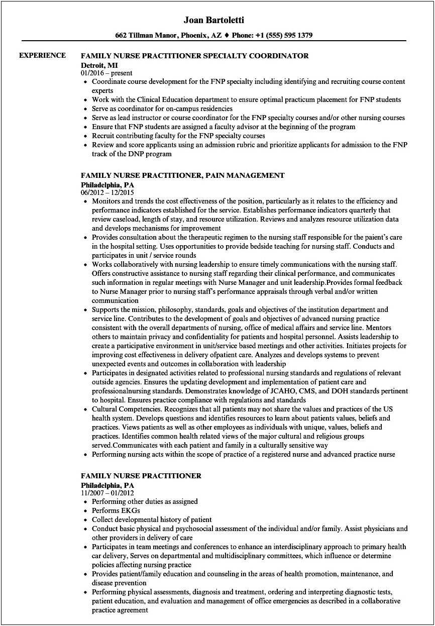 Example Of A Nurse Practitioner Resume