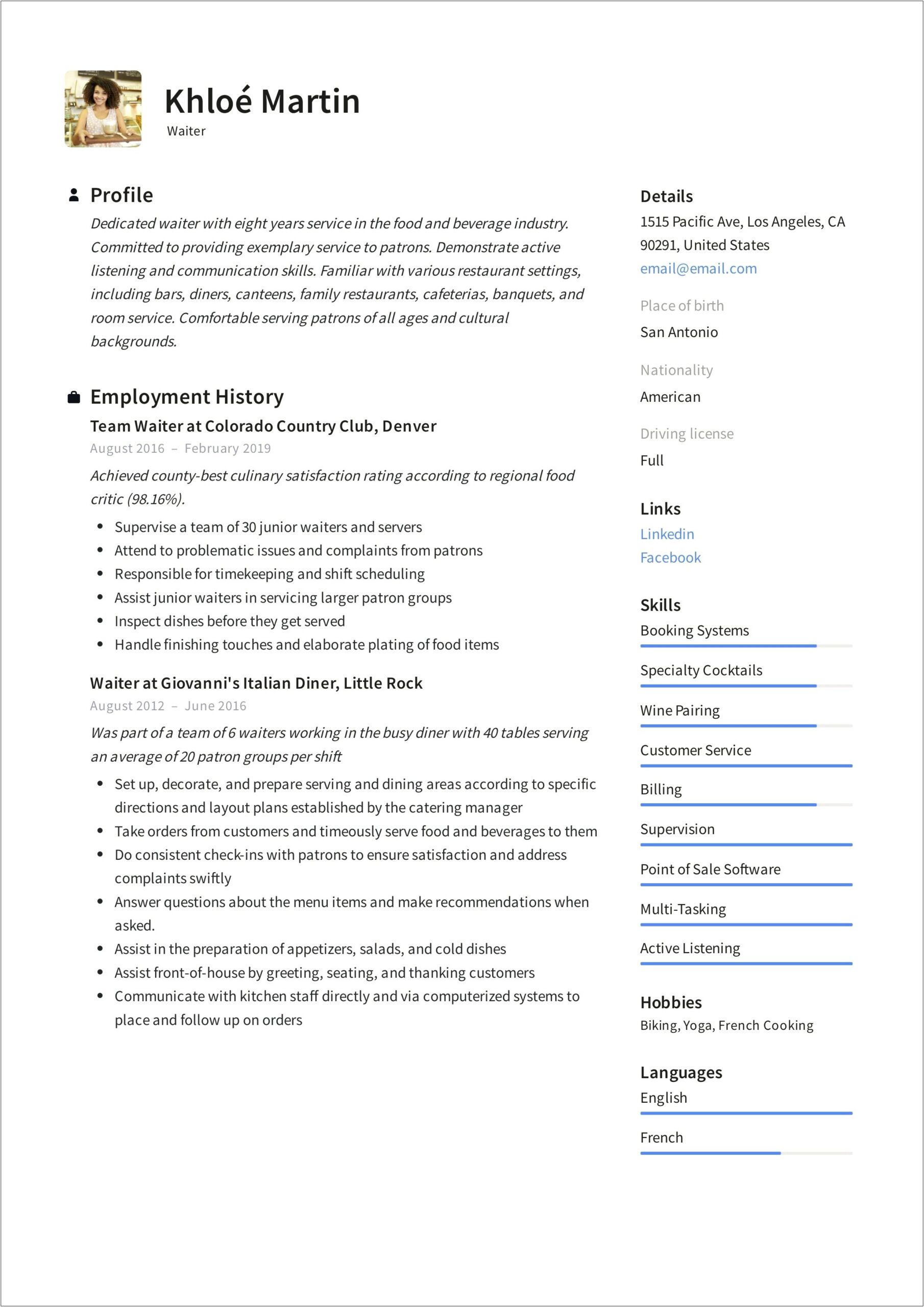 Example Of A Restaurant Worker Resume