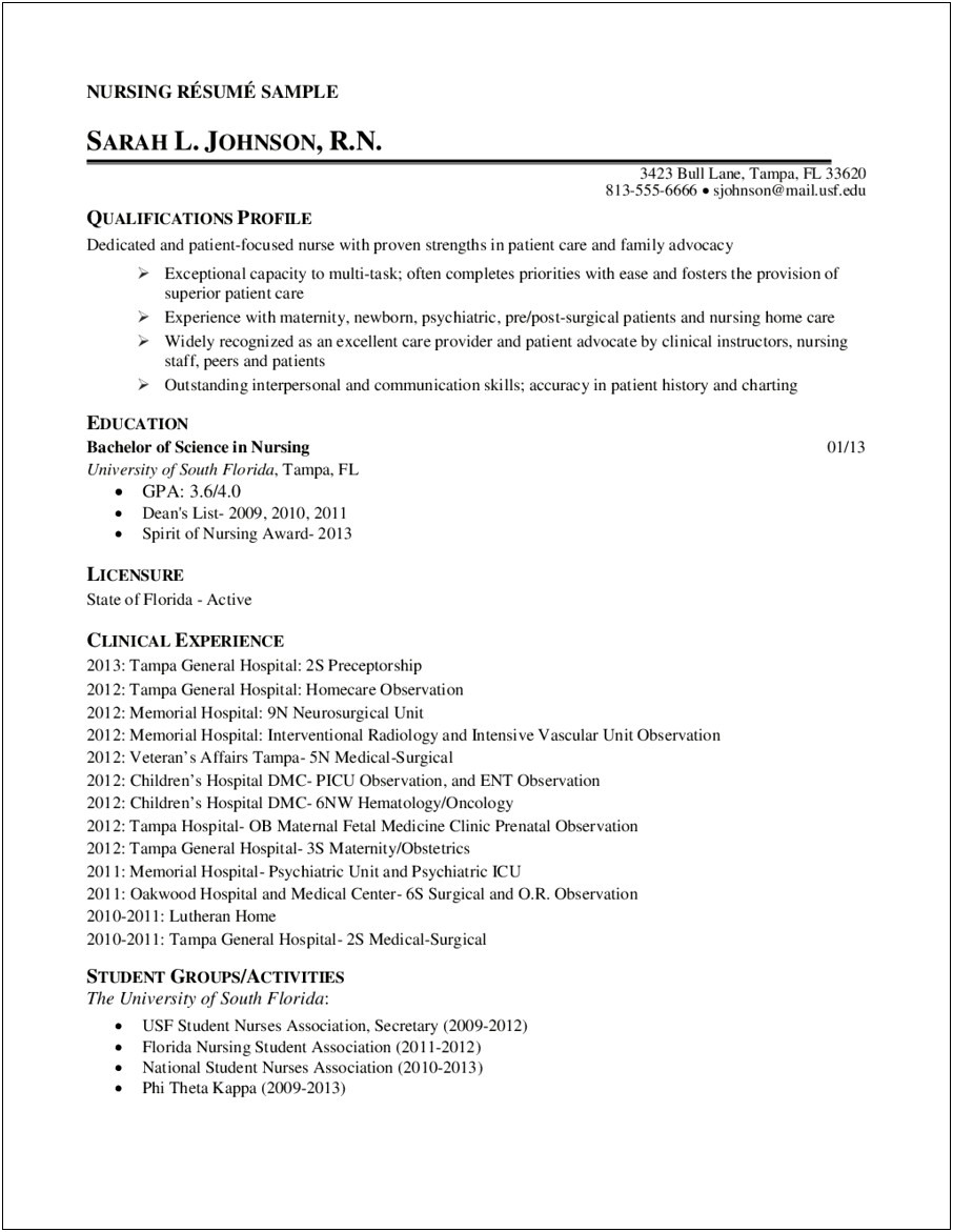 Example Of A Resume For A Nursing Student