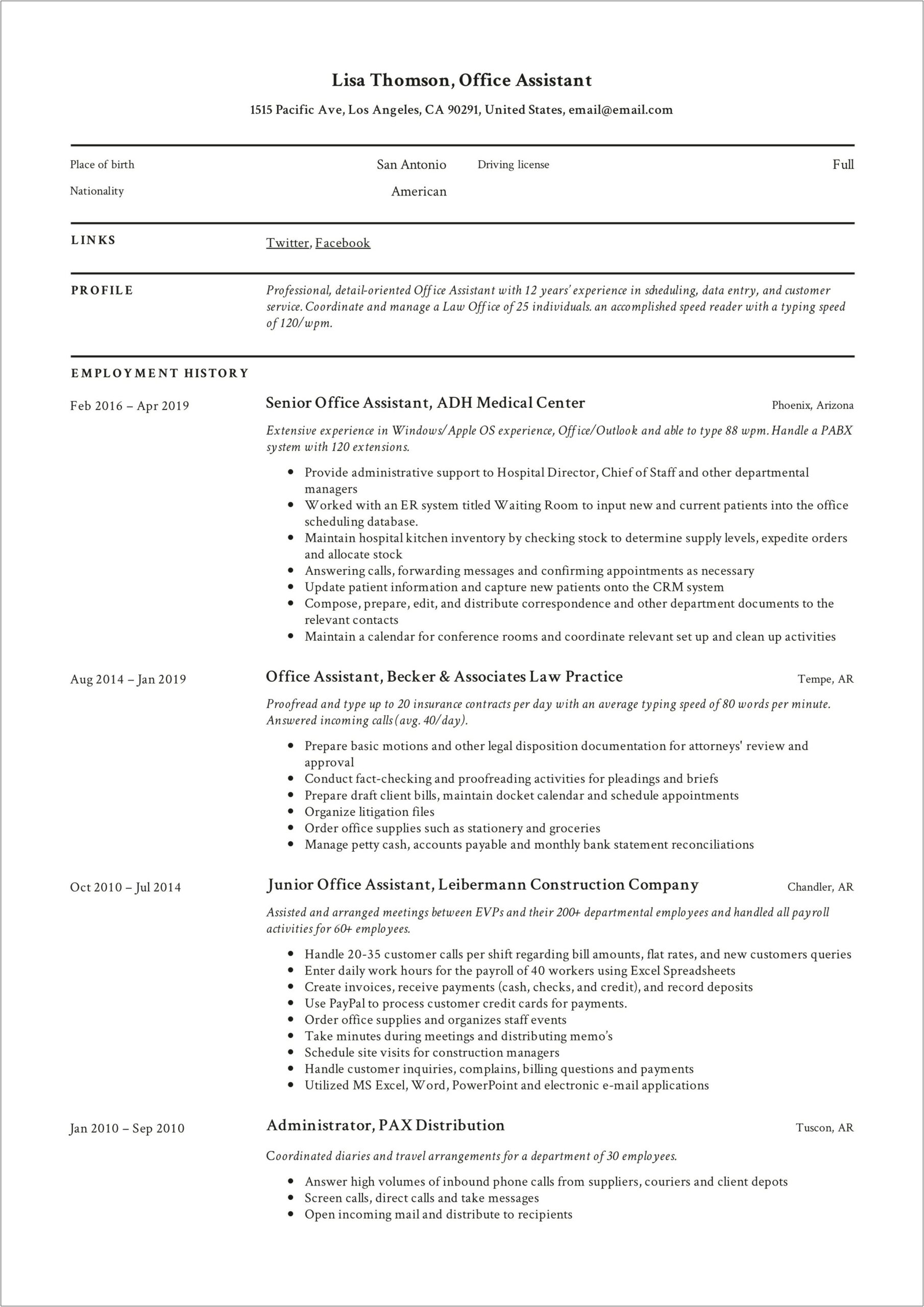 Example Of A Resume For An Office Job