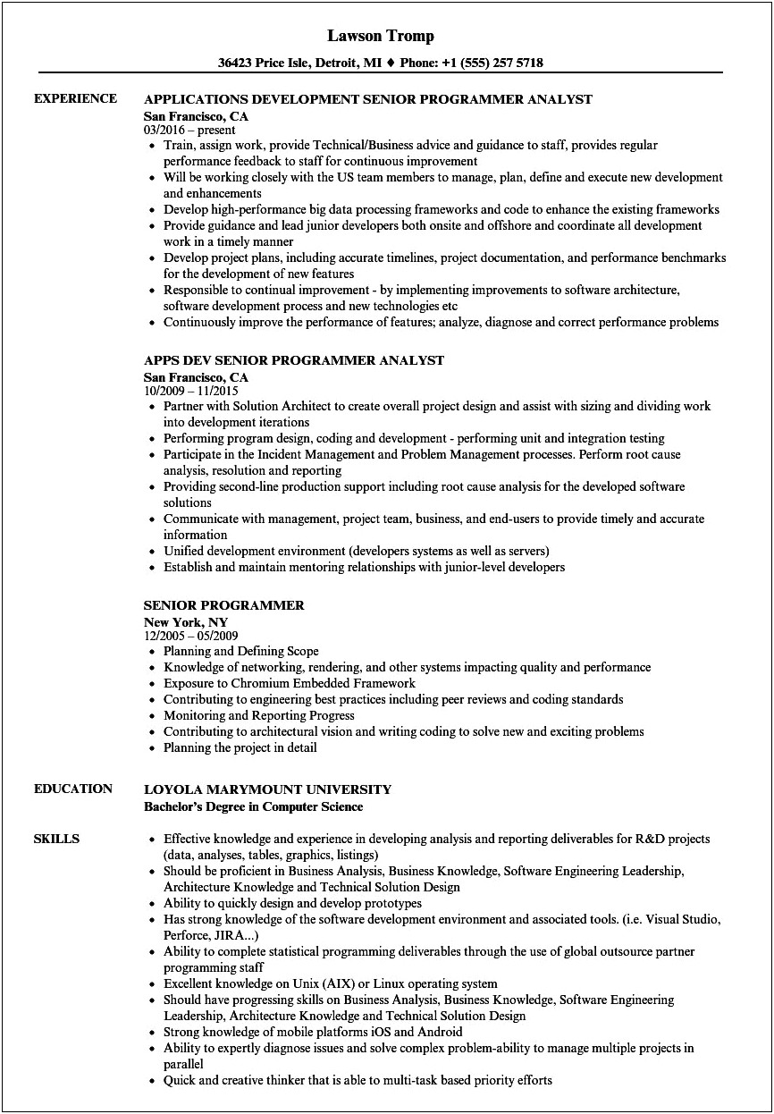 Example Of A Senior Developer Resume