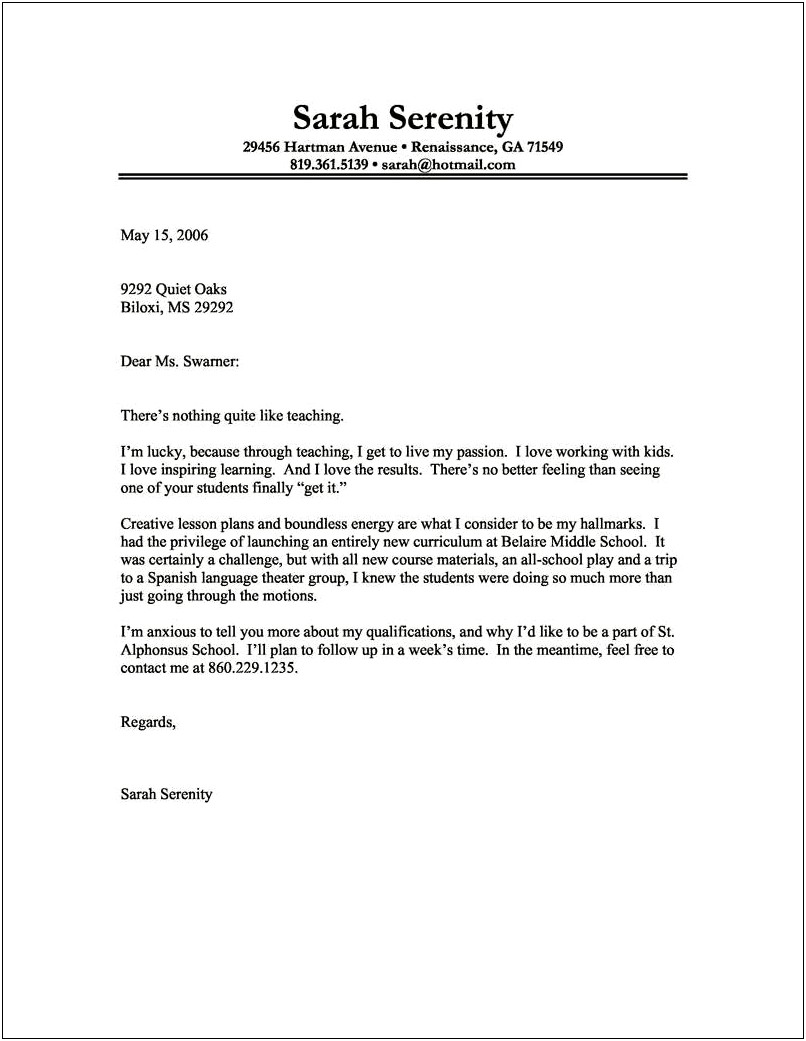 Example Of A Simple Resume Letter