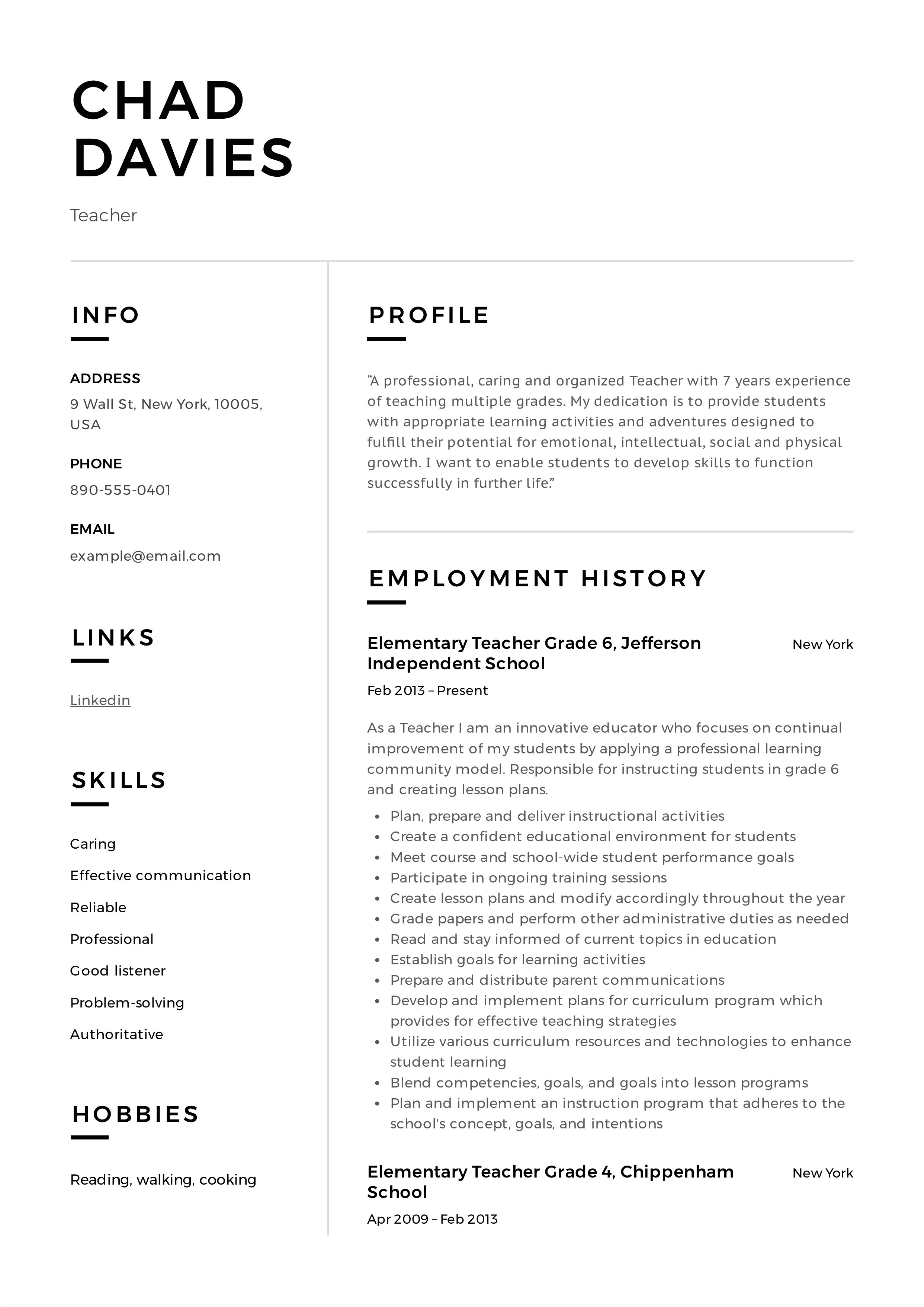 Example Of A Strong Resume For A Teacher