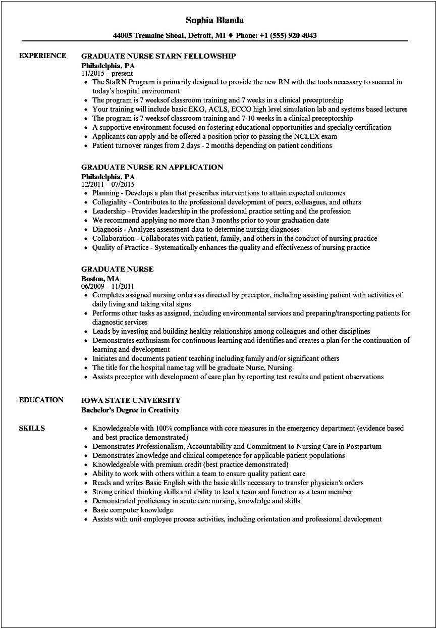 Example Of An Entery Level Nurse Resume