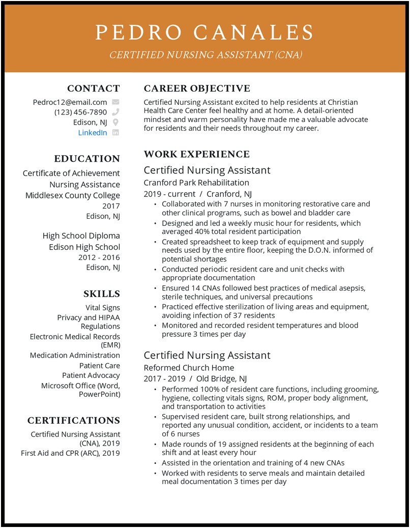 Example Of Cna Resume Documenting Adls