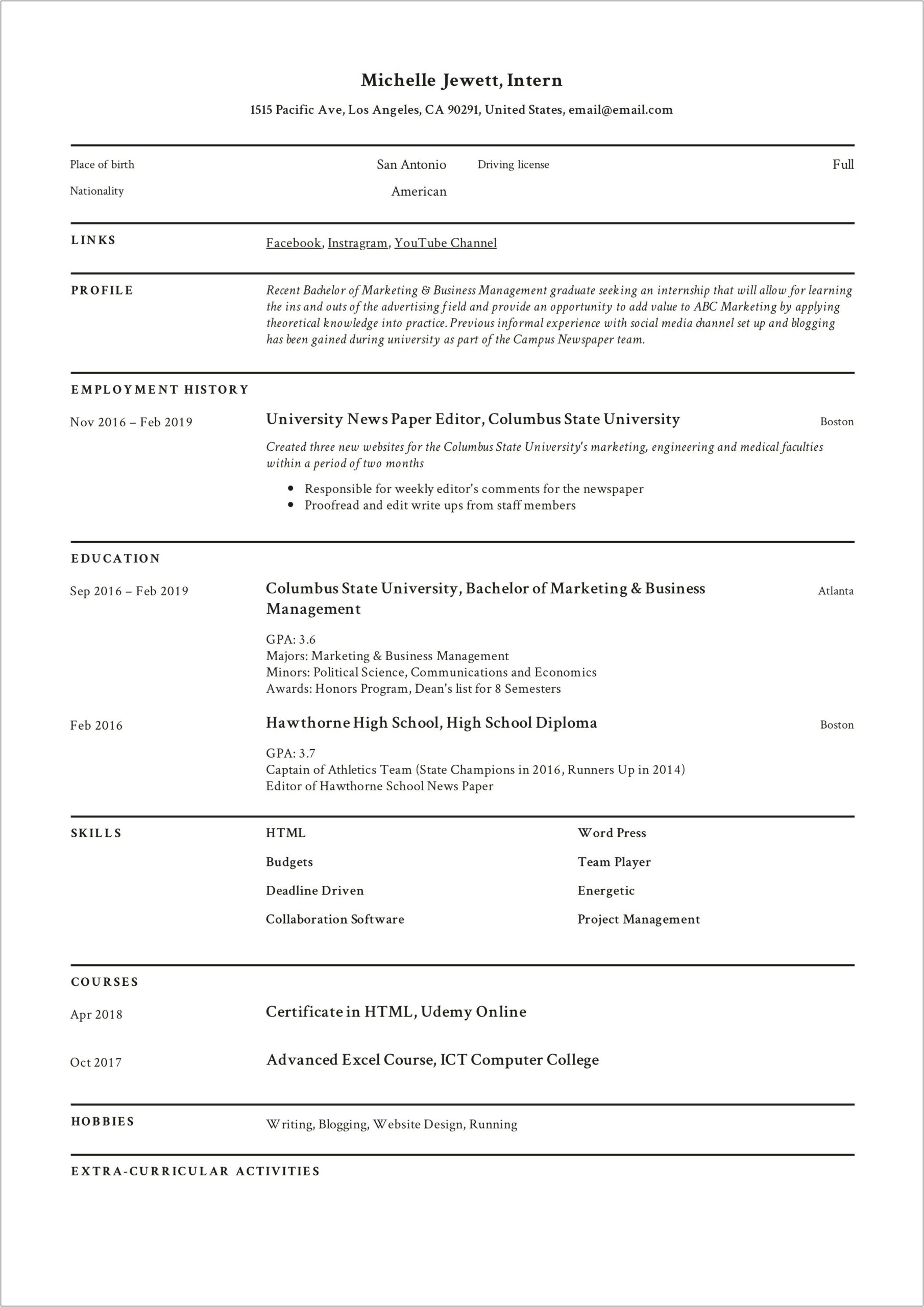 Example Of College Resume For Internship