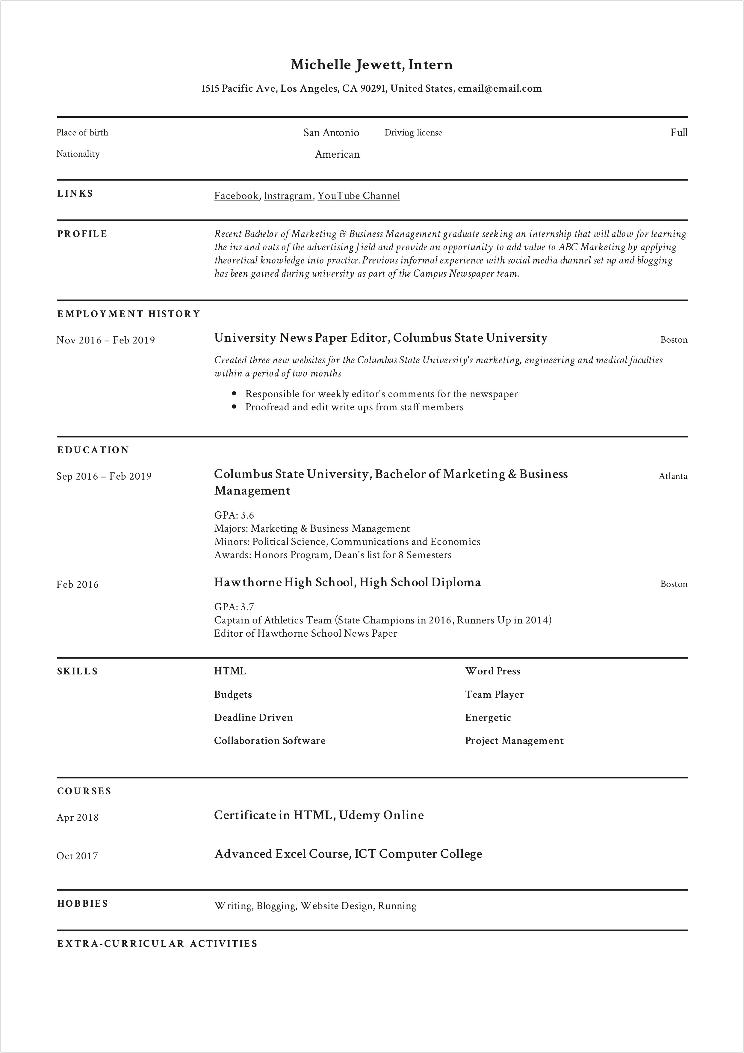 Example Of College Resume For Internship