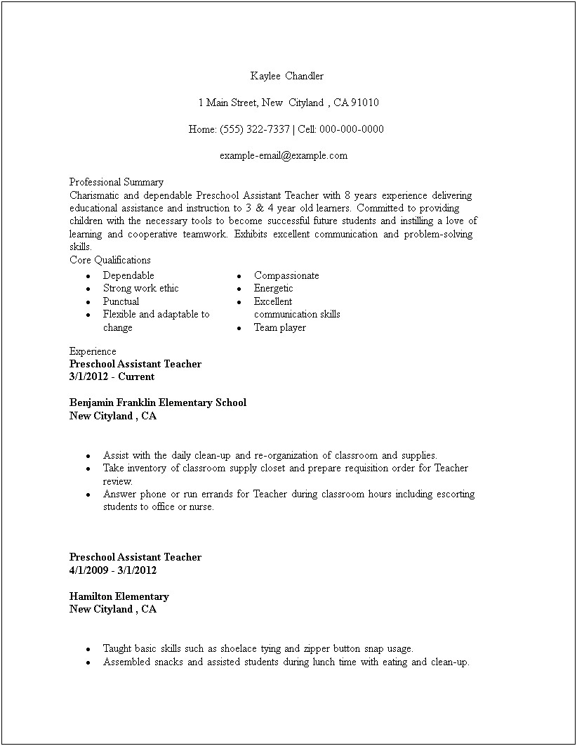 Example Of Comprehensive Resume For Teachers