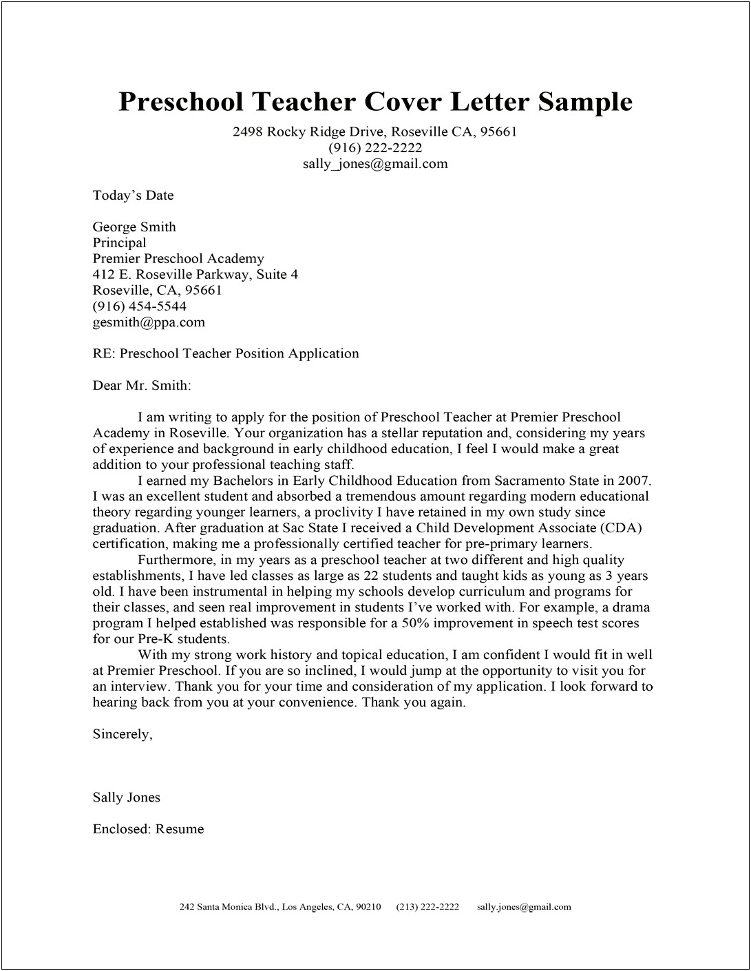 Example Of Cover Letter For Resume For Teachers