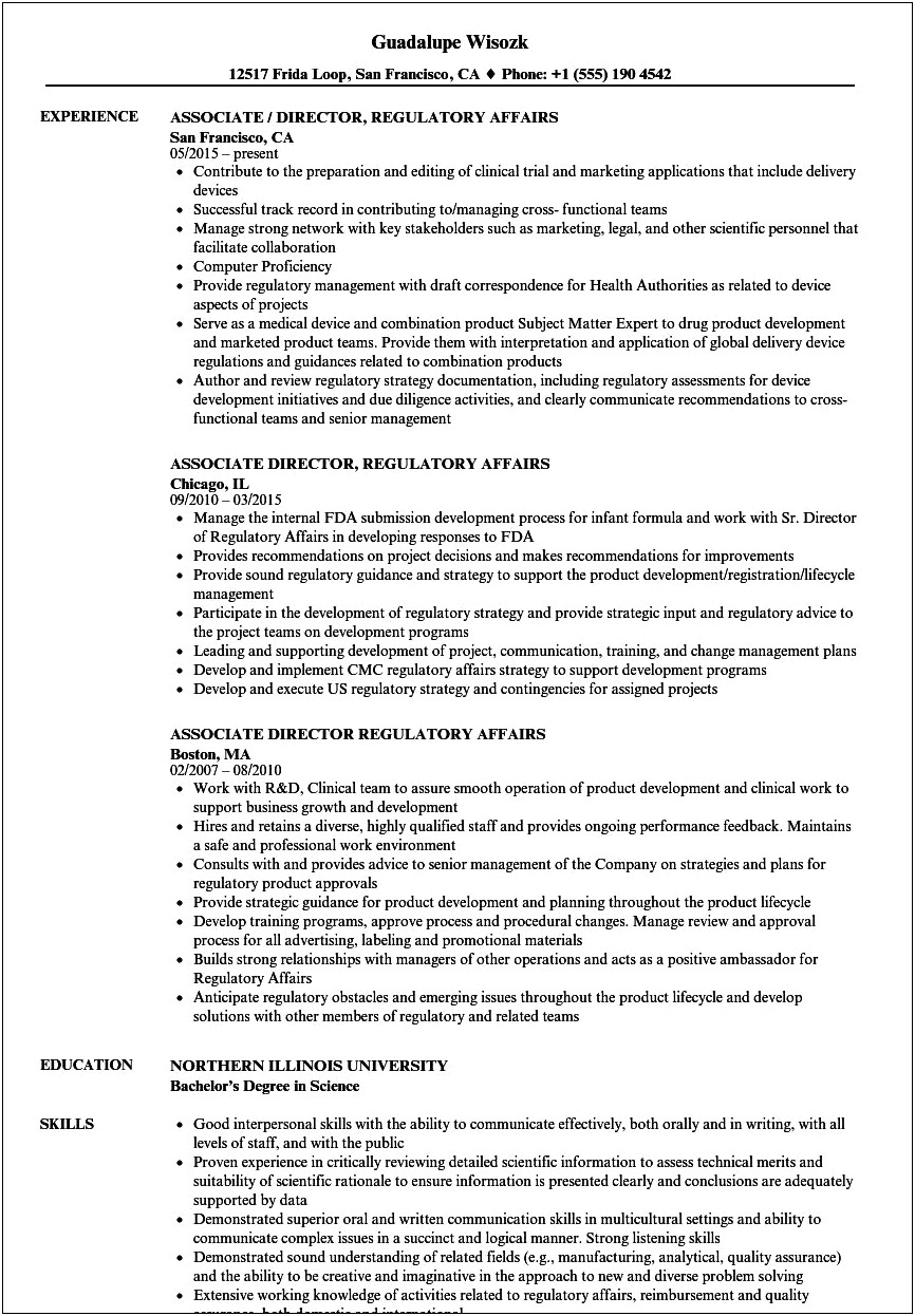 Example Of Cv Resume For Regulatory Affairs Employee