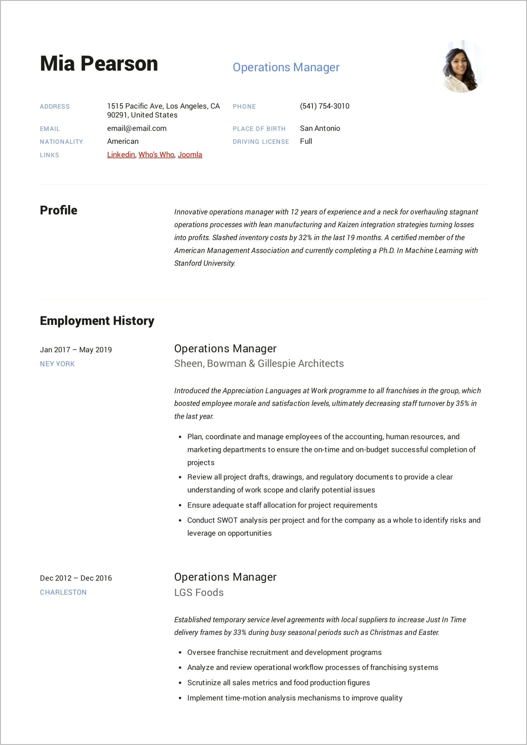 Example Of Director Of Operation Resume