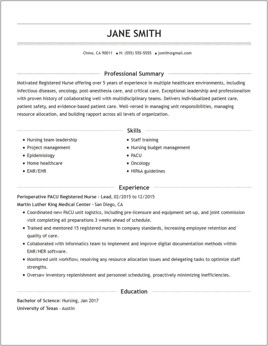 Example Of Functional Resume For Nurses