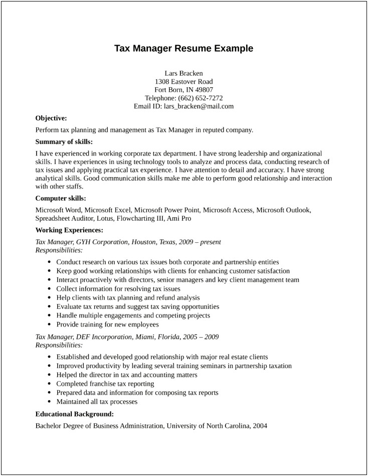 Example Of Good Resume For Tax Manager