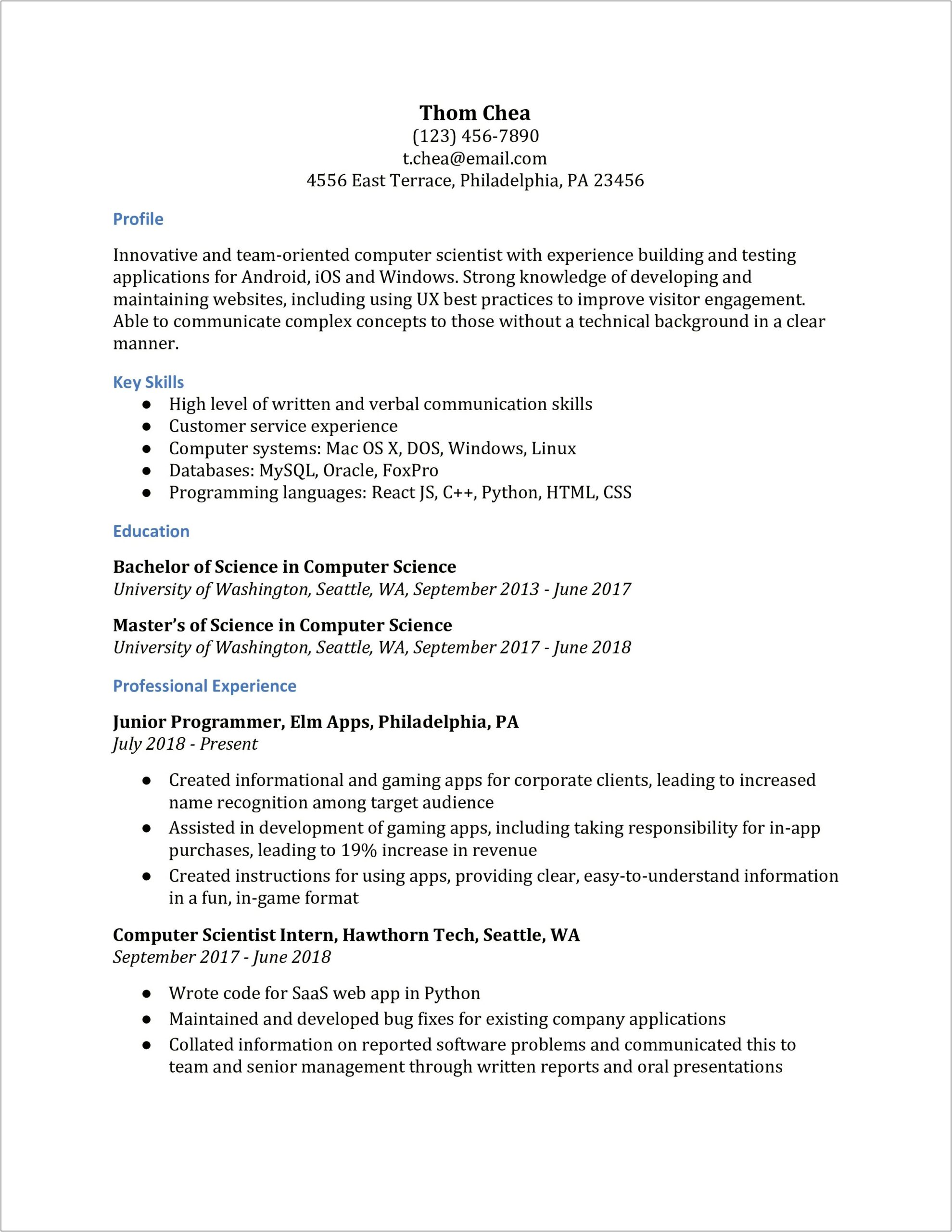 Example Of Great Computer Science Resume