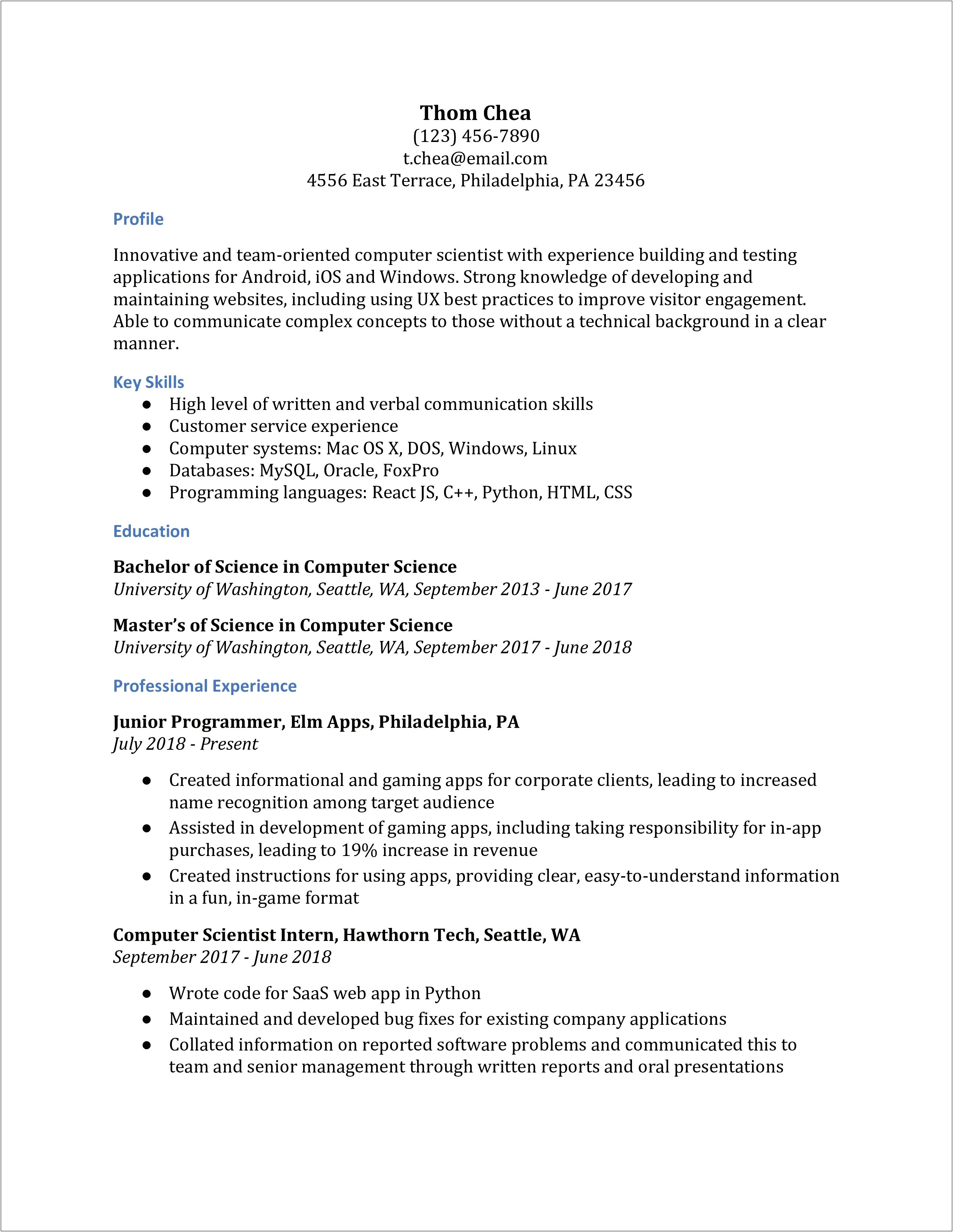 Example Of Great Computer Science Resume