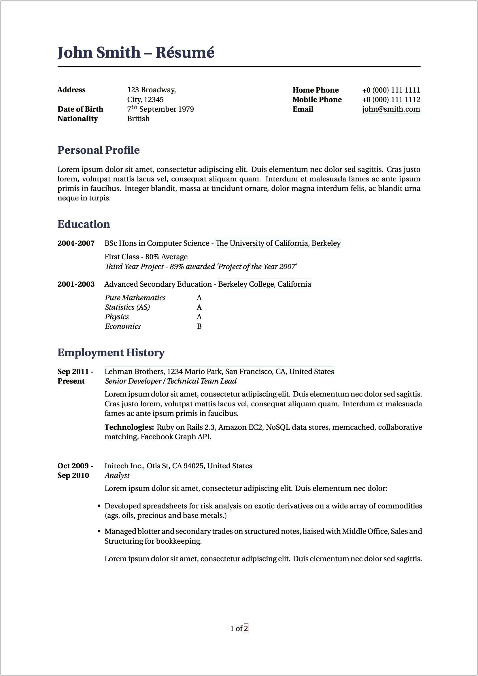 Example Of Heading On Page 2 Resume