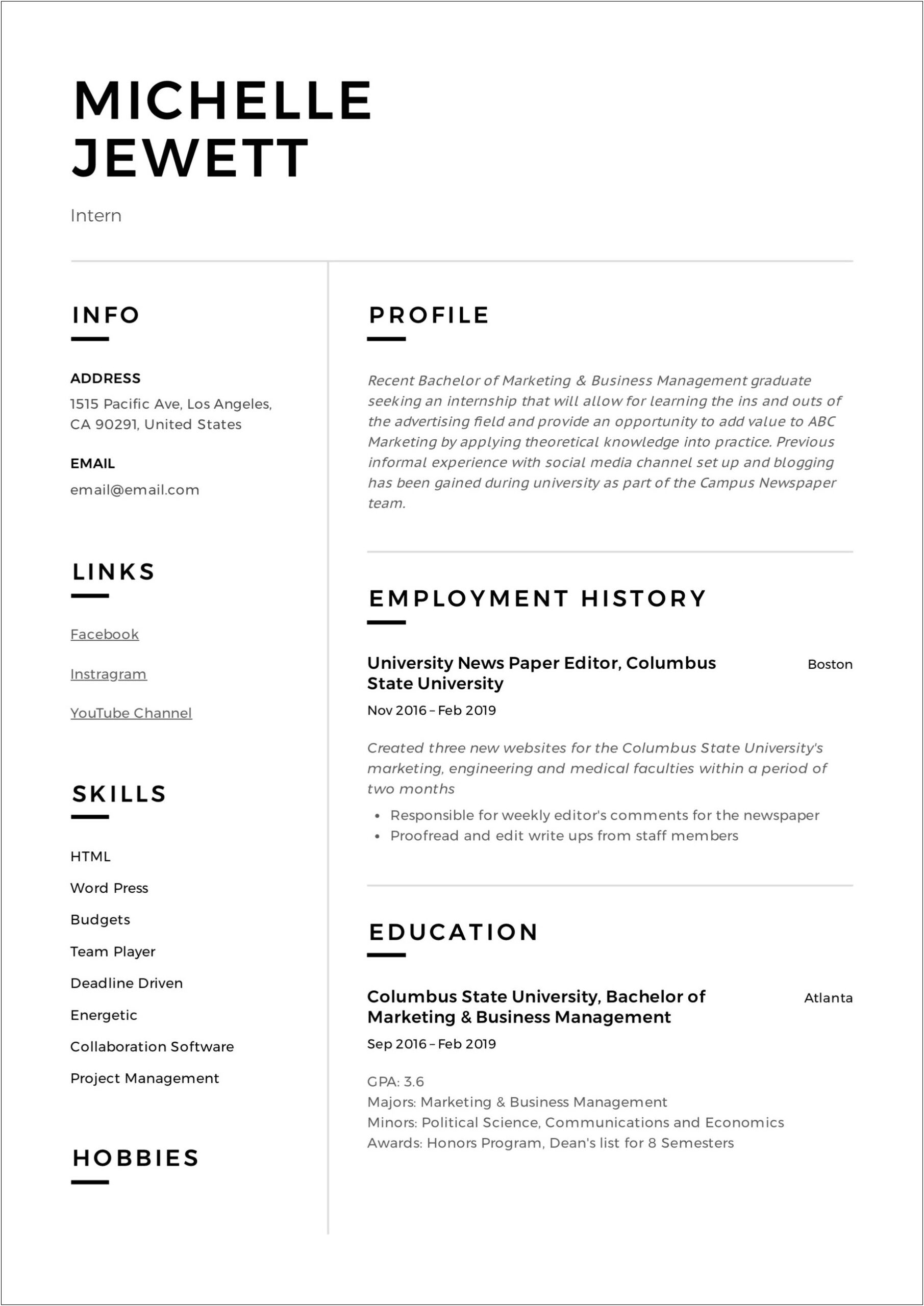 Example Of Internship On A Resume