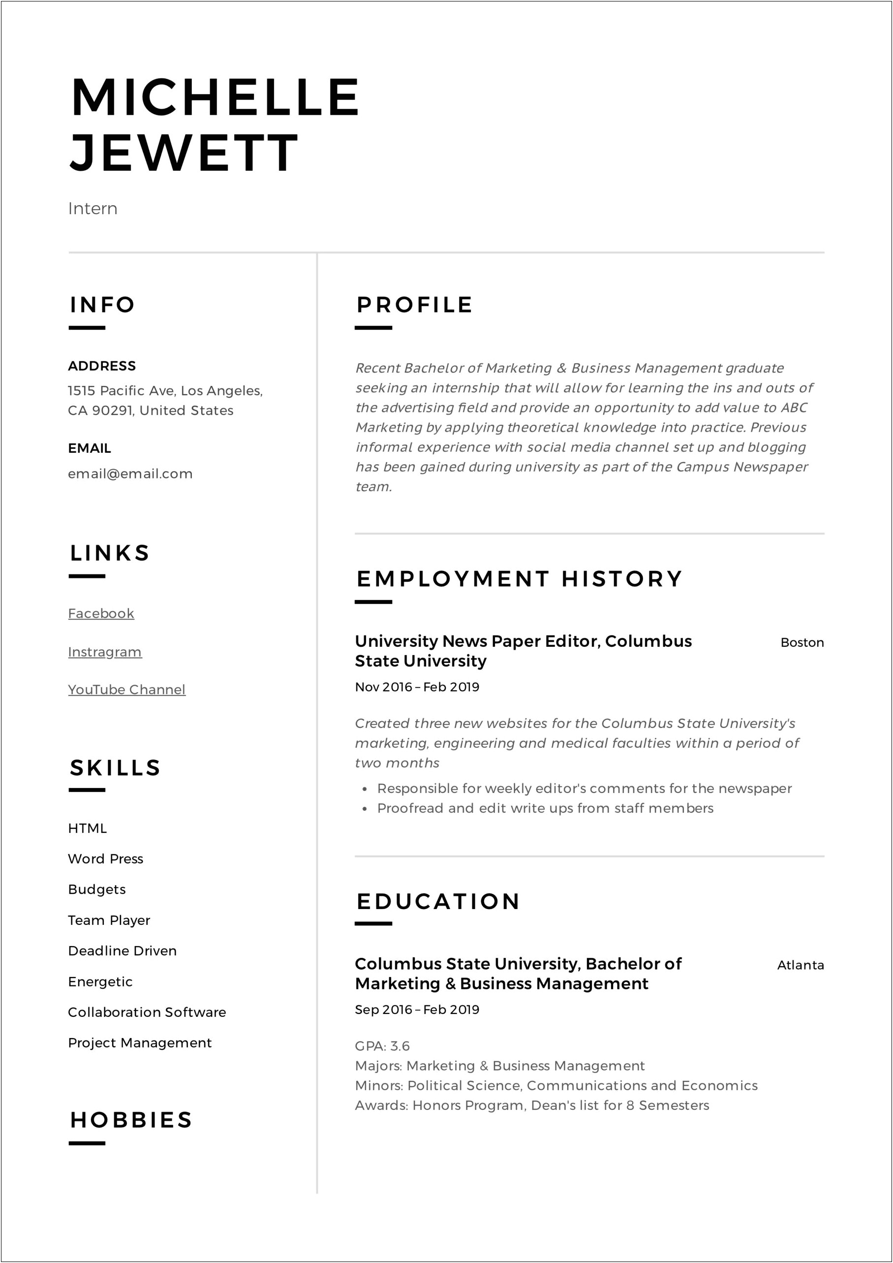 Example Of Internship On A Resume