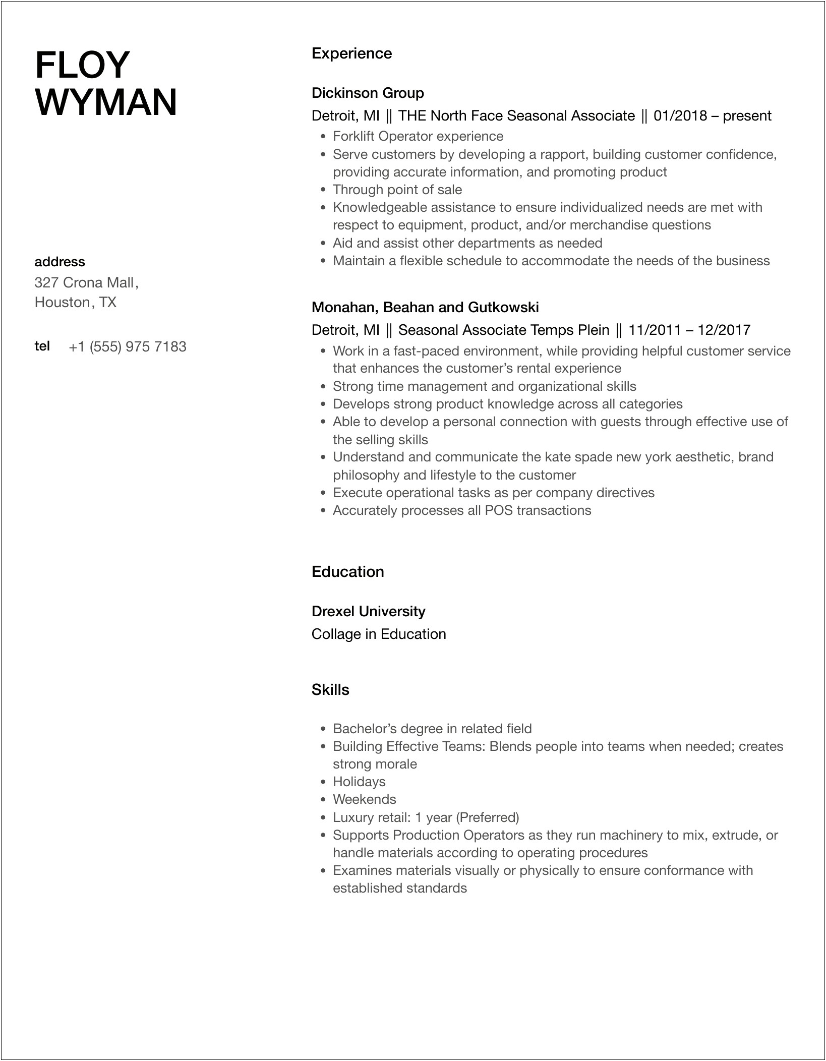 Example Of Lush Seasonal Job On Resume