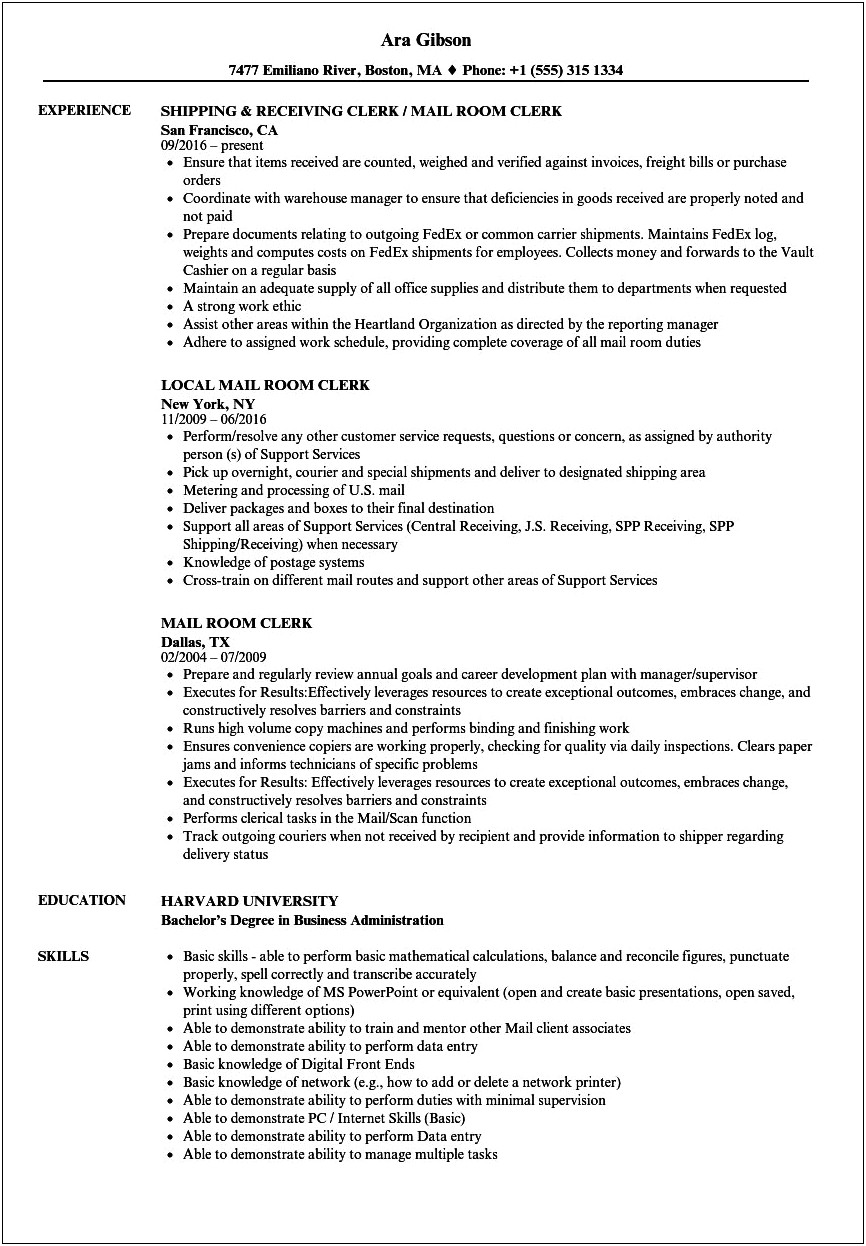 Example Of Military Postal Clerk Resume