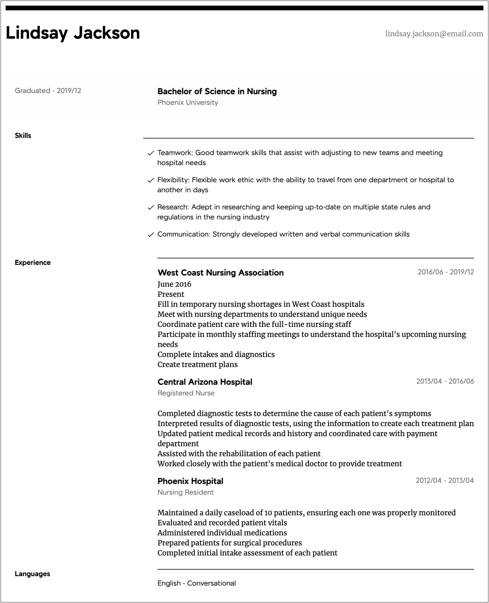 Example Of Nursing Experience For Resume