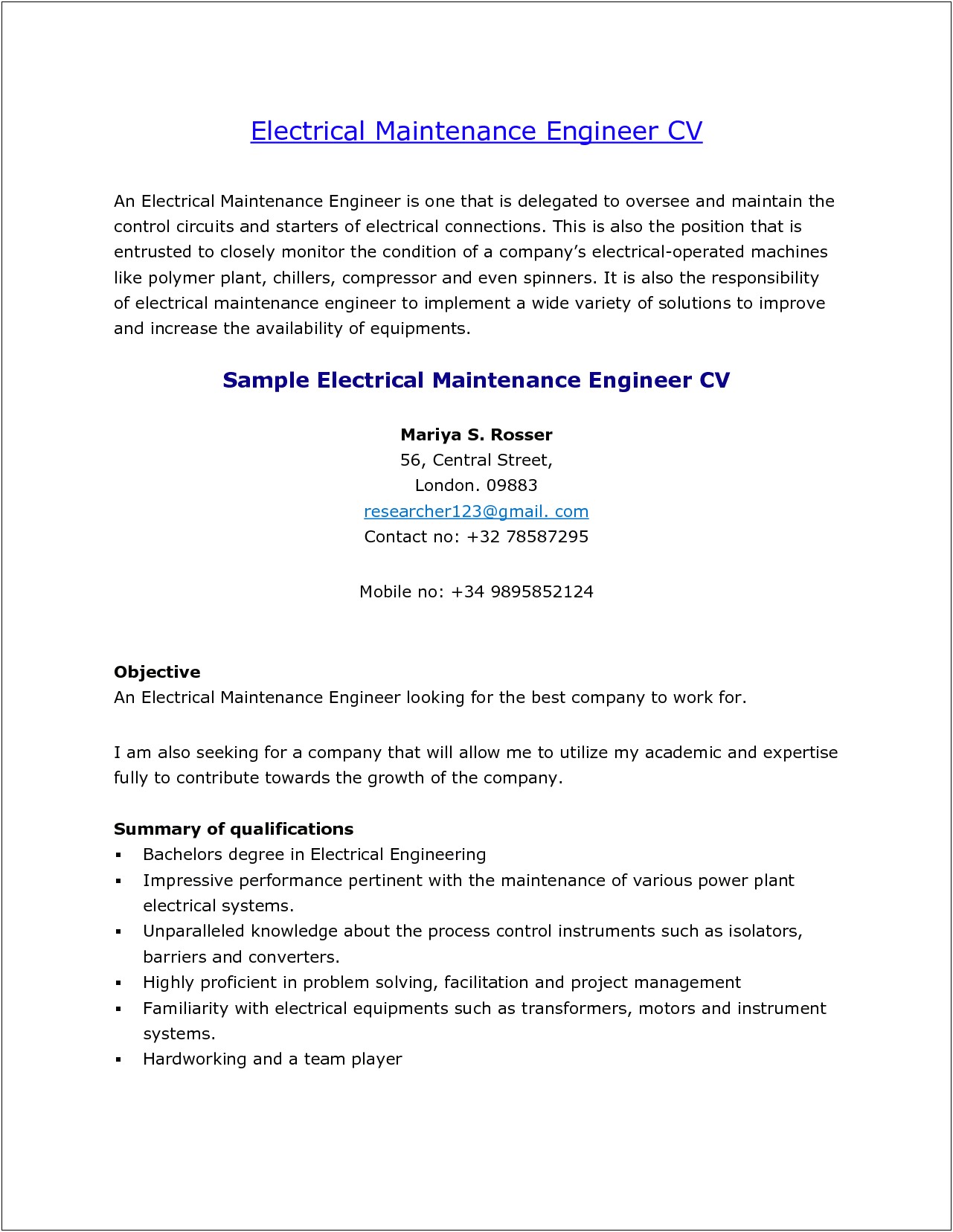 Example Of Objective In Resume For Maintenance