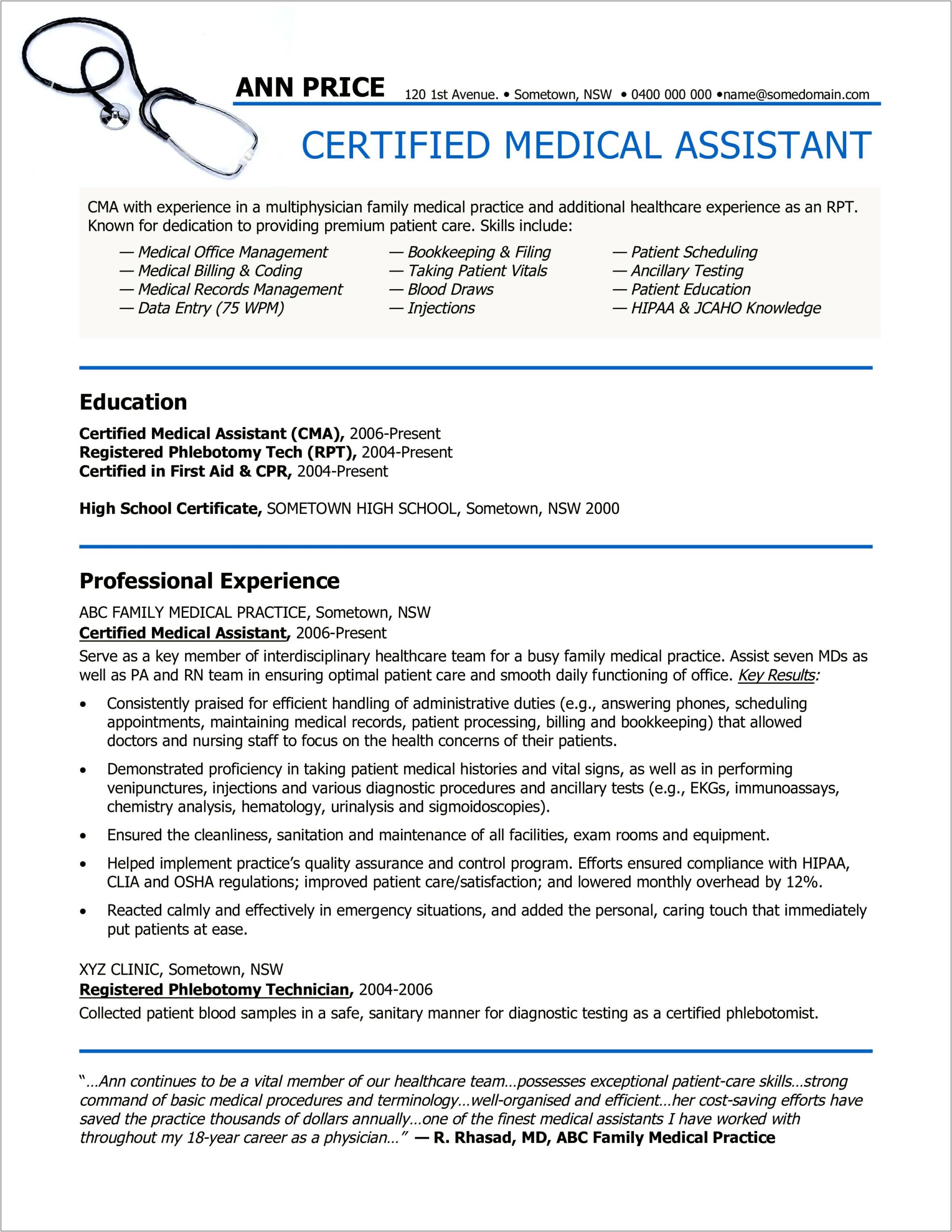 Example Of Professional Medical Assistant Resume