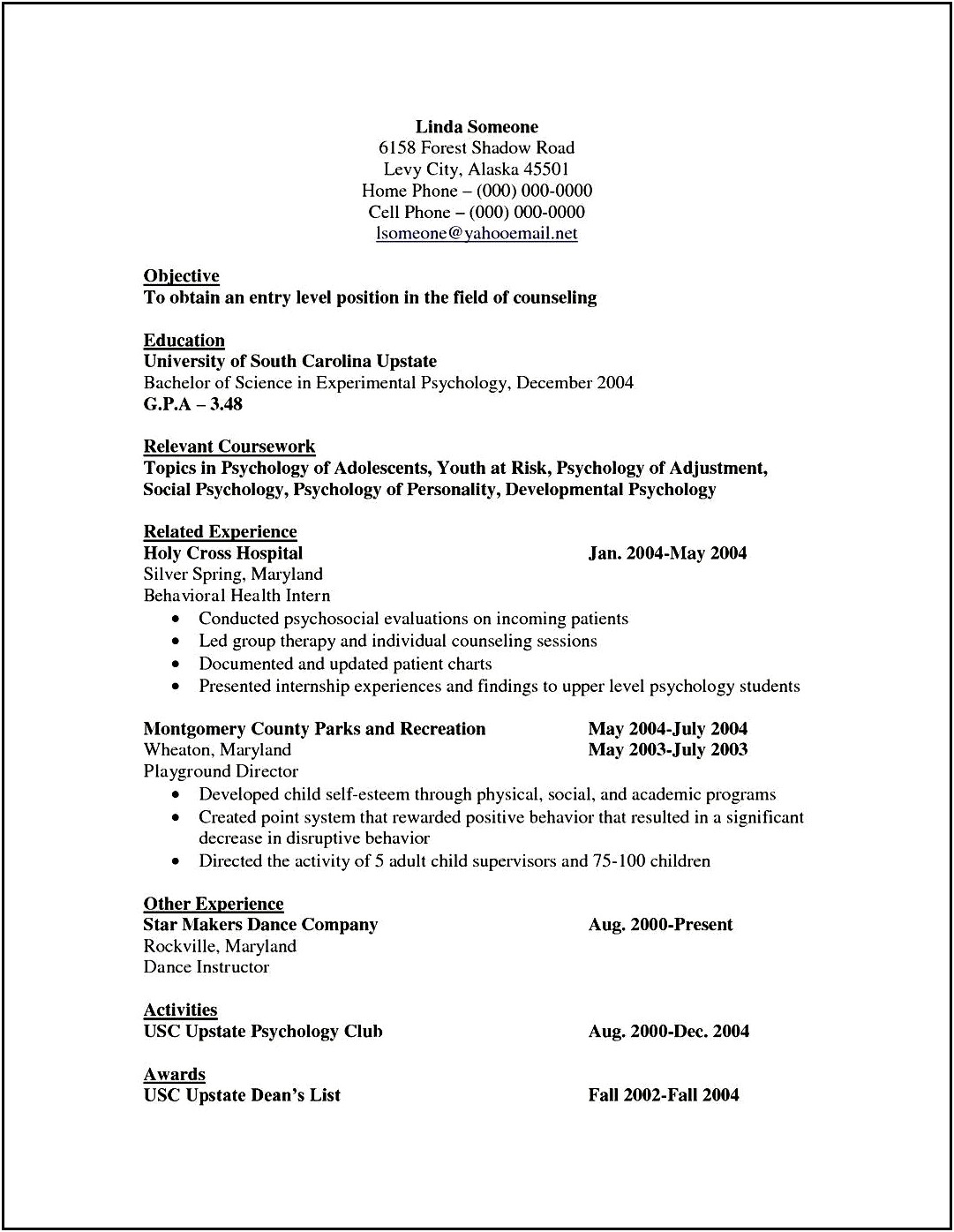 Example Of Resume Ed.s School Psychology