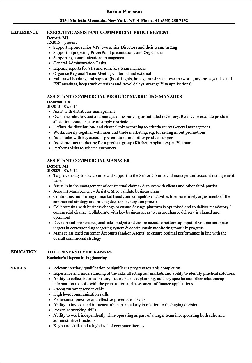 Example Of Resume For A Commercial Coordinator