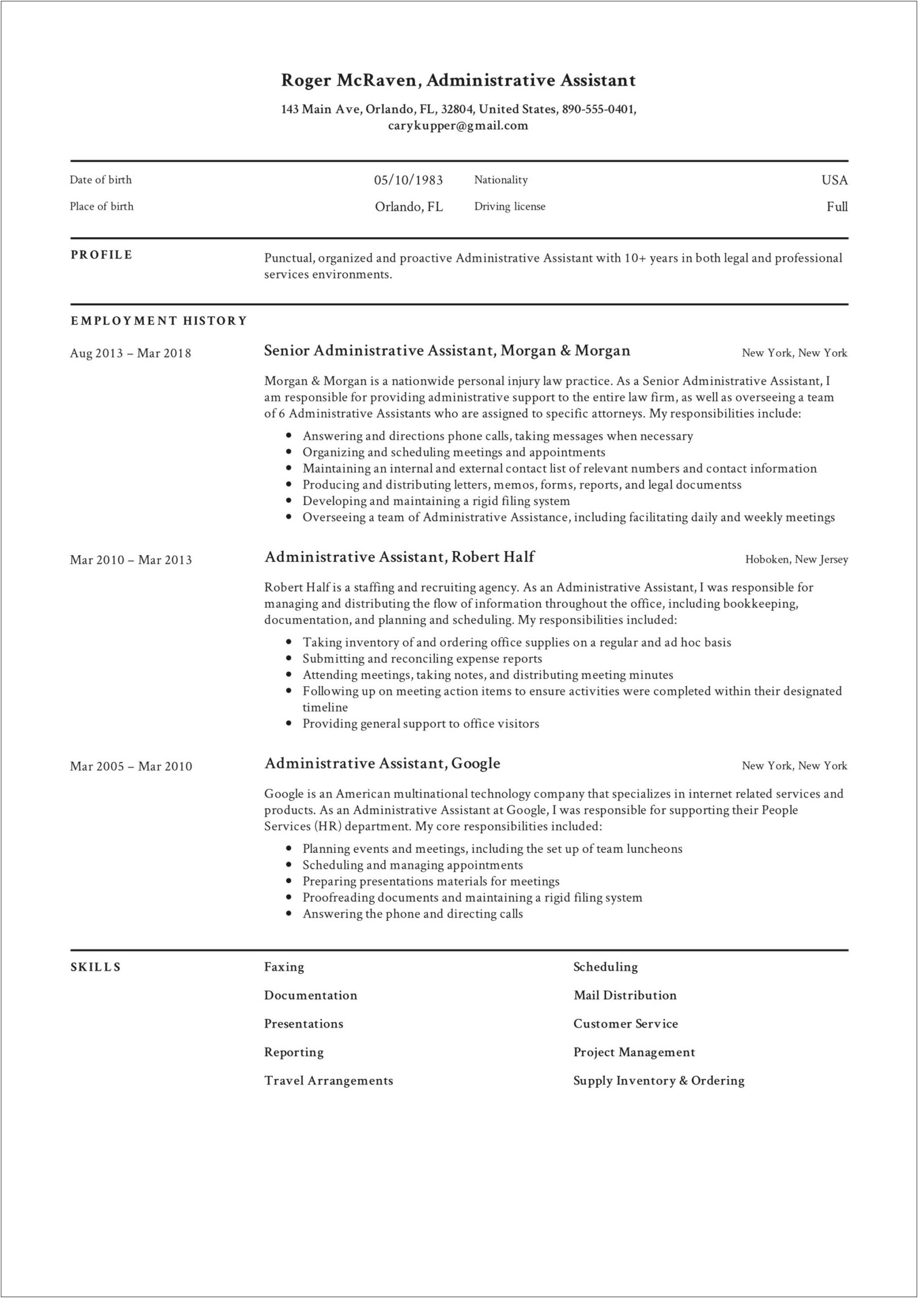 Example Of Resume For Administration Job