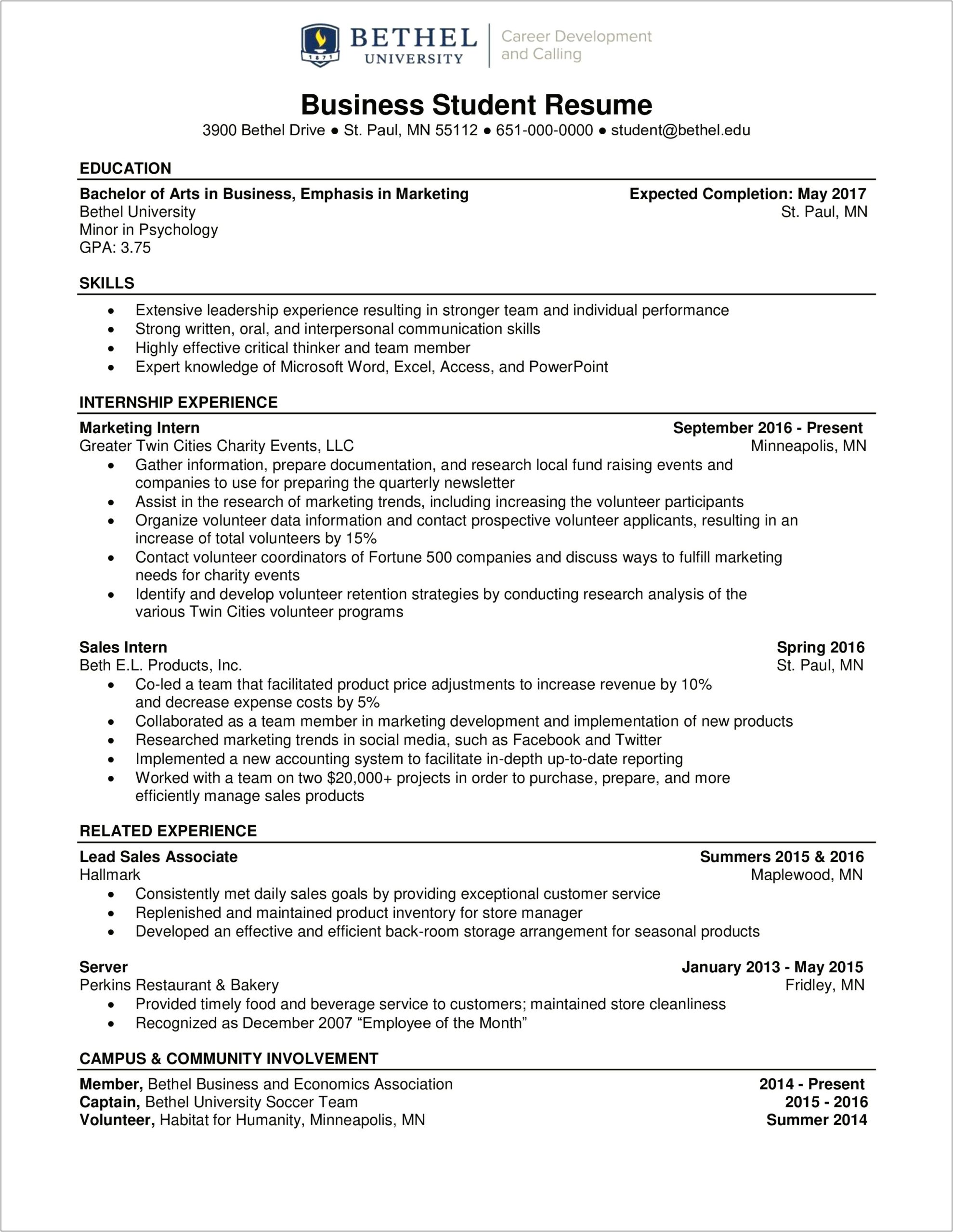 Example Of Resume For Business Students