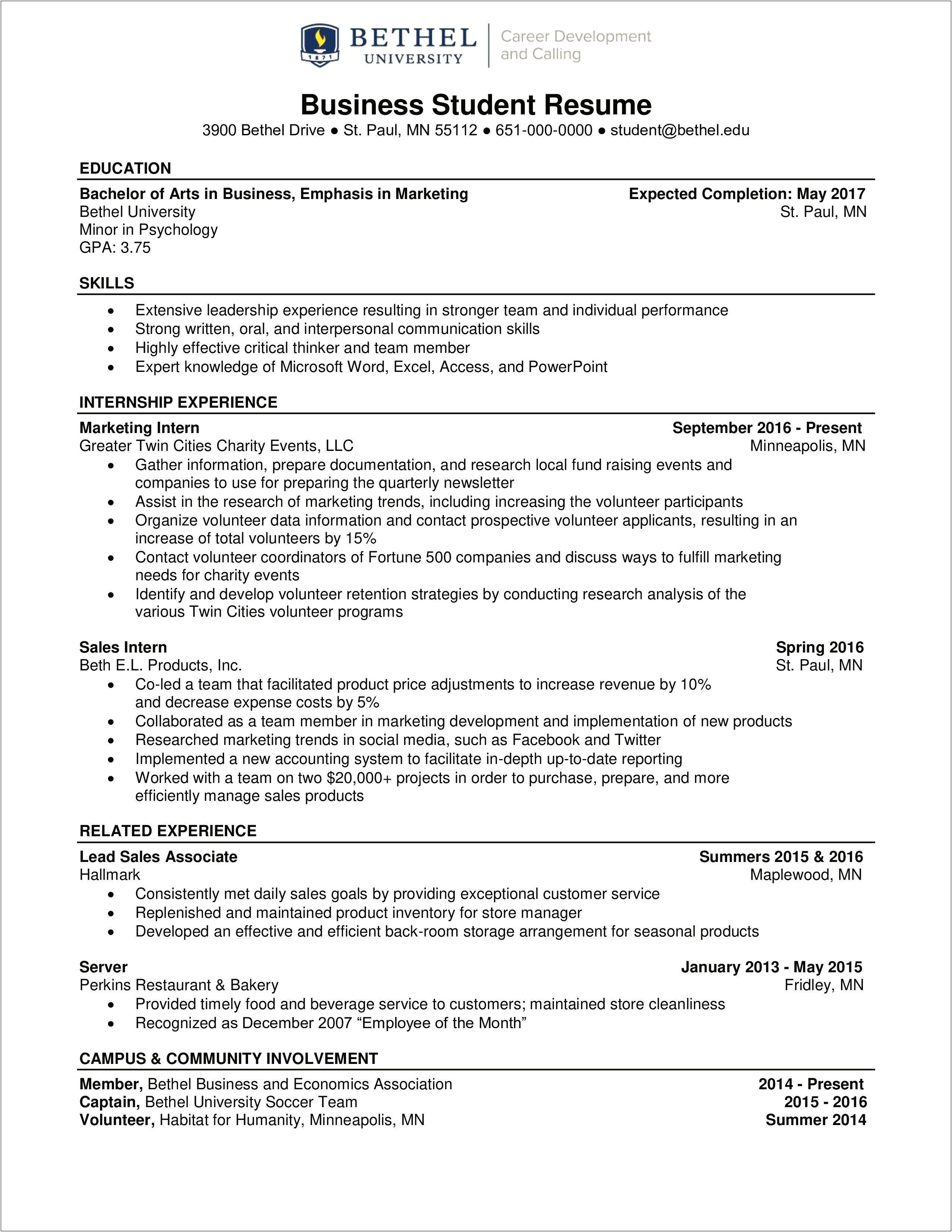 Example Of Resume For Business Students