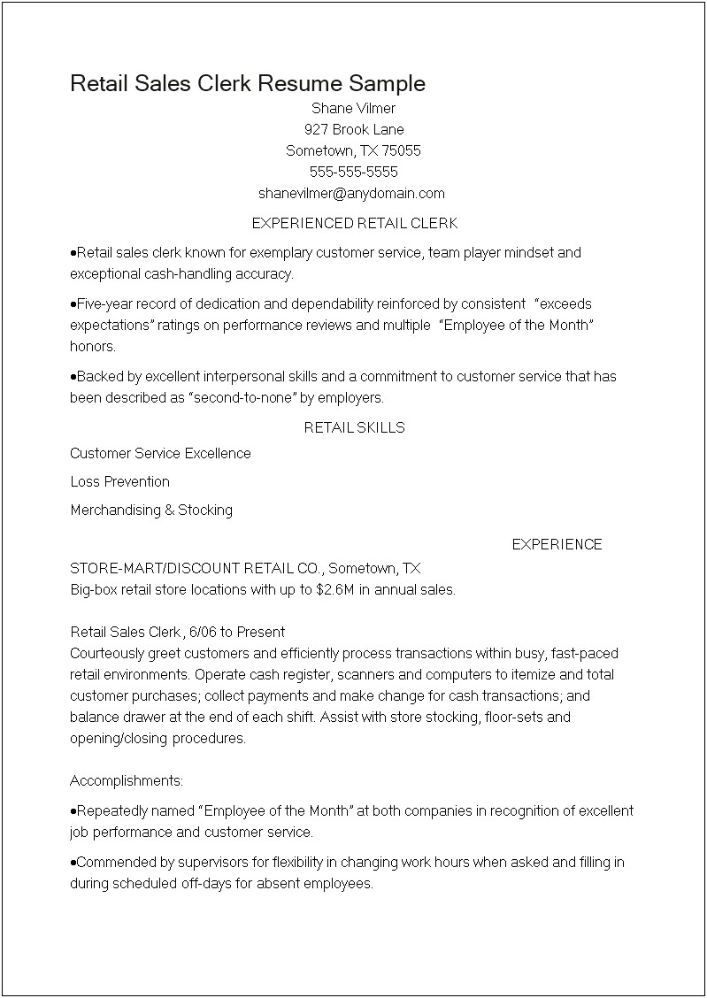 Example Of Resume For Clerk Job