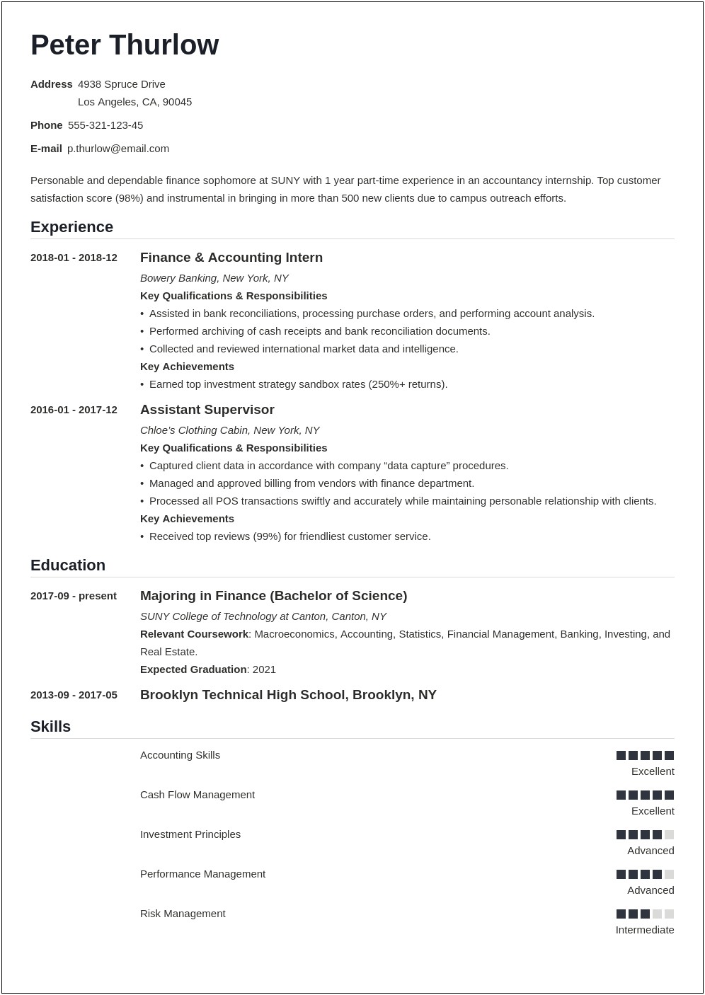 Example Of Resume For College Internship