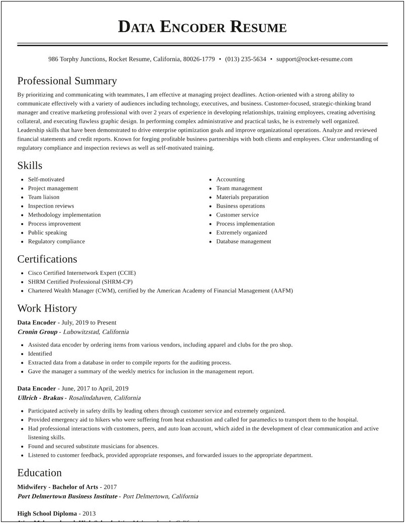 Example Of Resume For Data Encoder