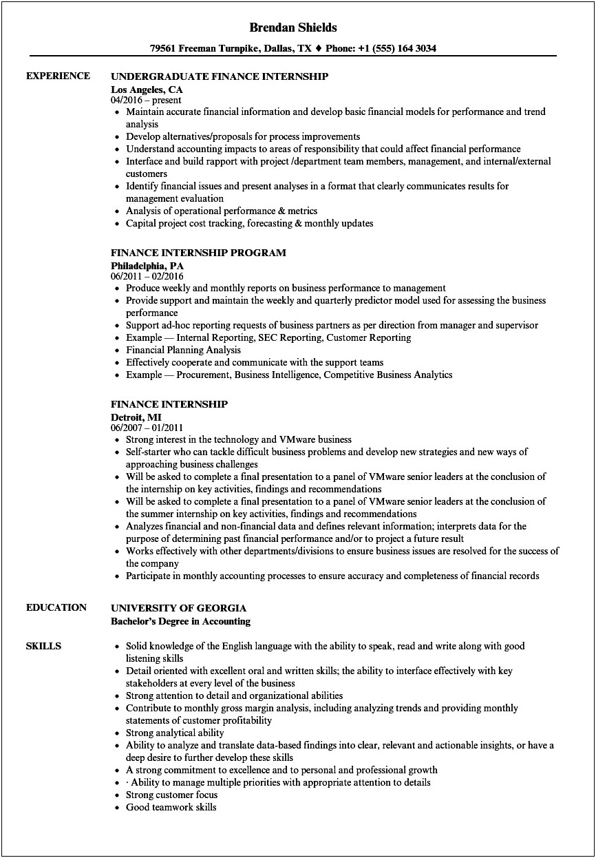 Example Of Resume For Finance Students
