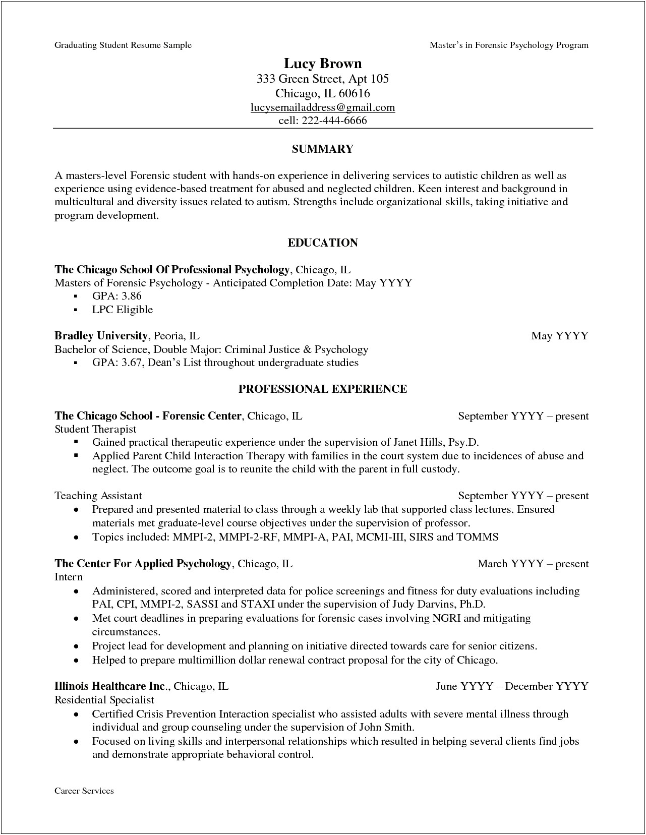 Example Of Resume For For Gradute School Psychology