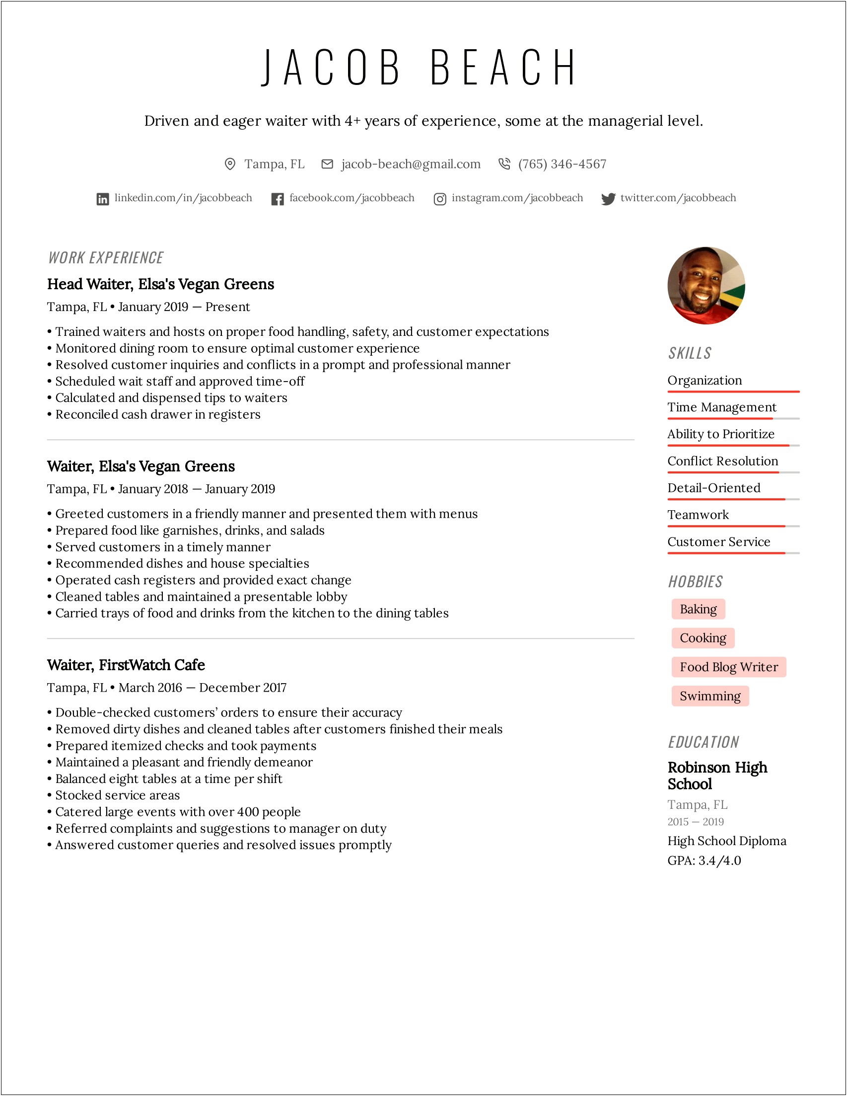 Example Of Resume For Restaurant Worker