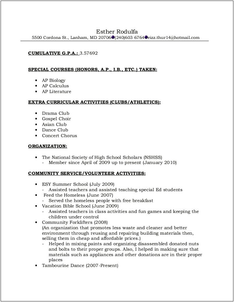 Example Of Resume For Secondary Teachers