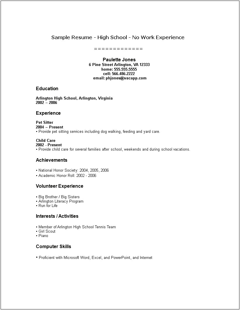 Example Of Resume For Senior High Student