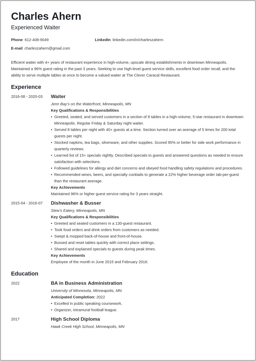 Example Of Resume For Server Fine Dining