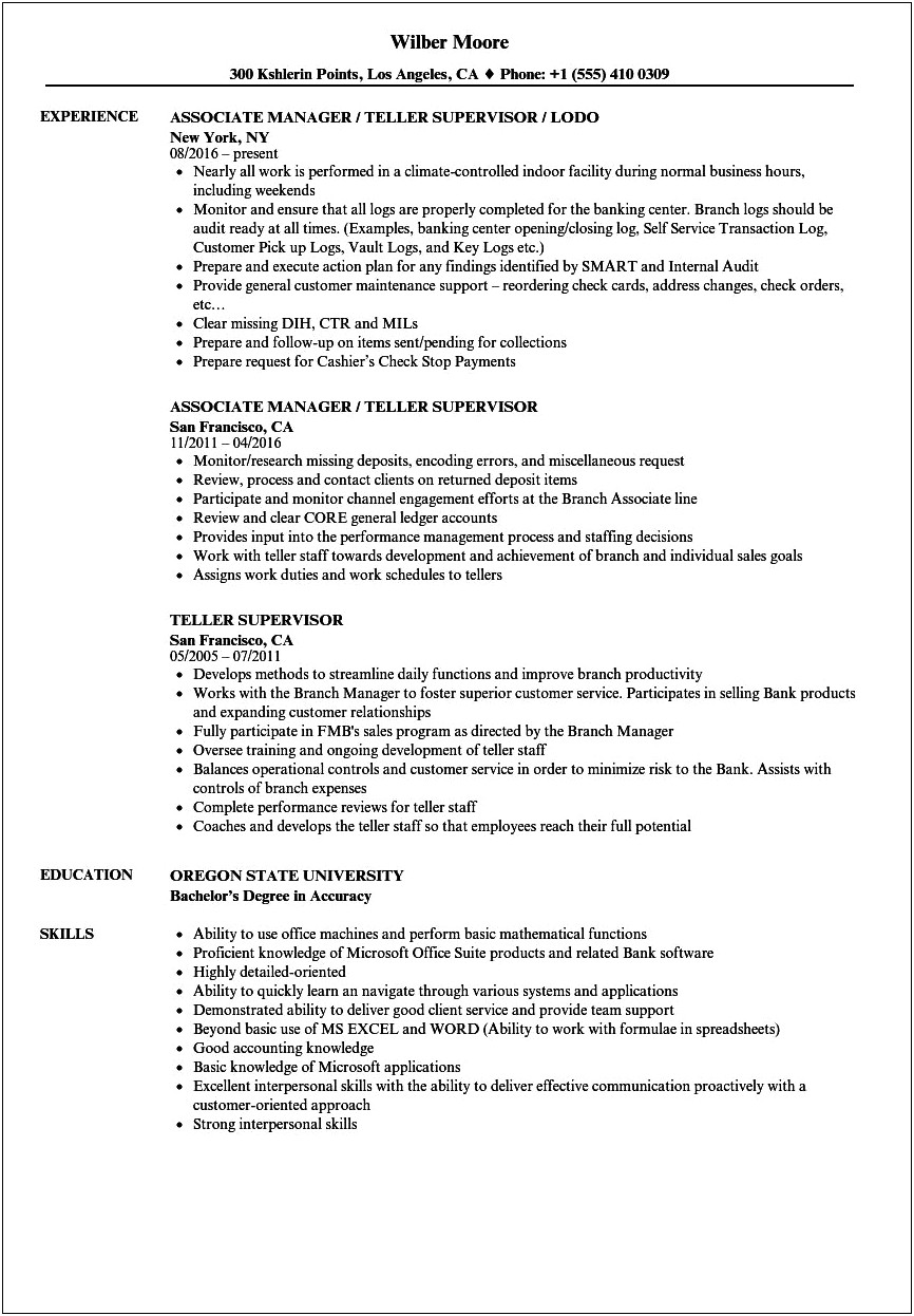 Example Of Resume For Teller Position